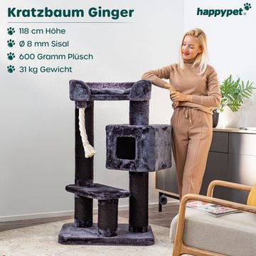 Happypet Kratzbaum GINGER, 128 cm, Premium Katzenbaum für große Katzen, 15 cm Stämme, 600g Plüsch