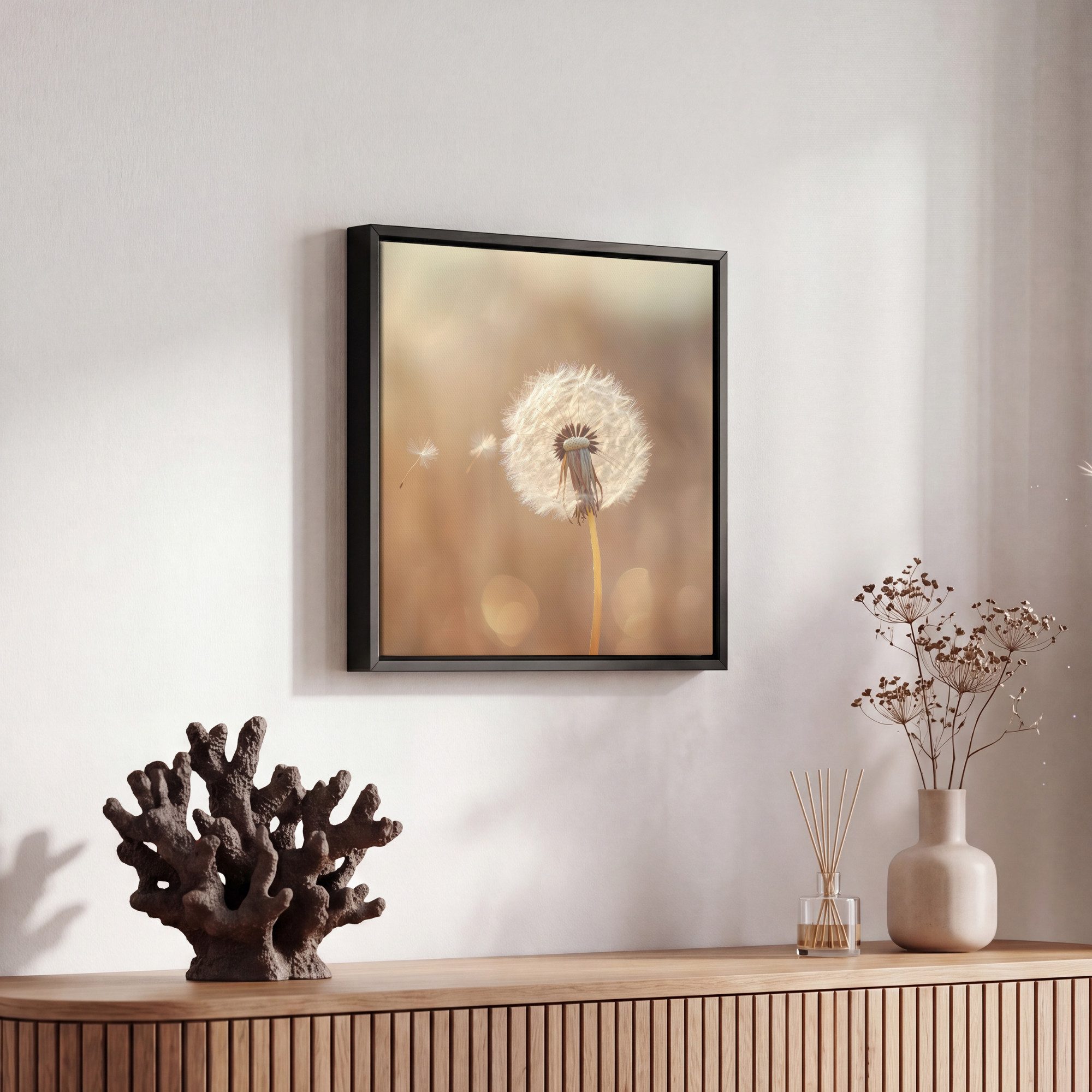 OneMillionCanvasses® Leinwandbild mit Rahmen - Löwenzahn - Beige - Natur - Blume, Fotodruck (1 St), Leinwand Bilder Klein, Wand Dekoration Aesthetic 20x20cm – Bild 5 von 5
