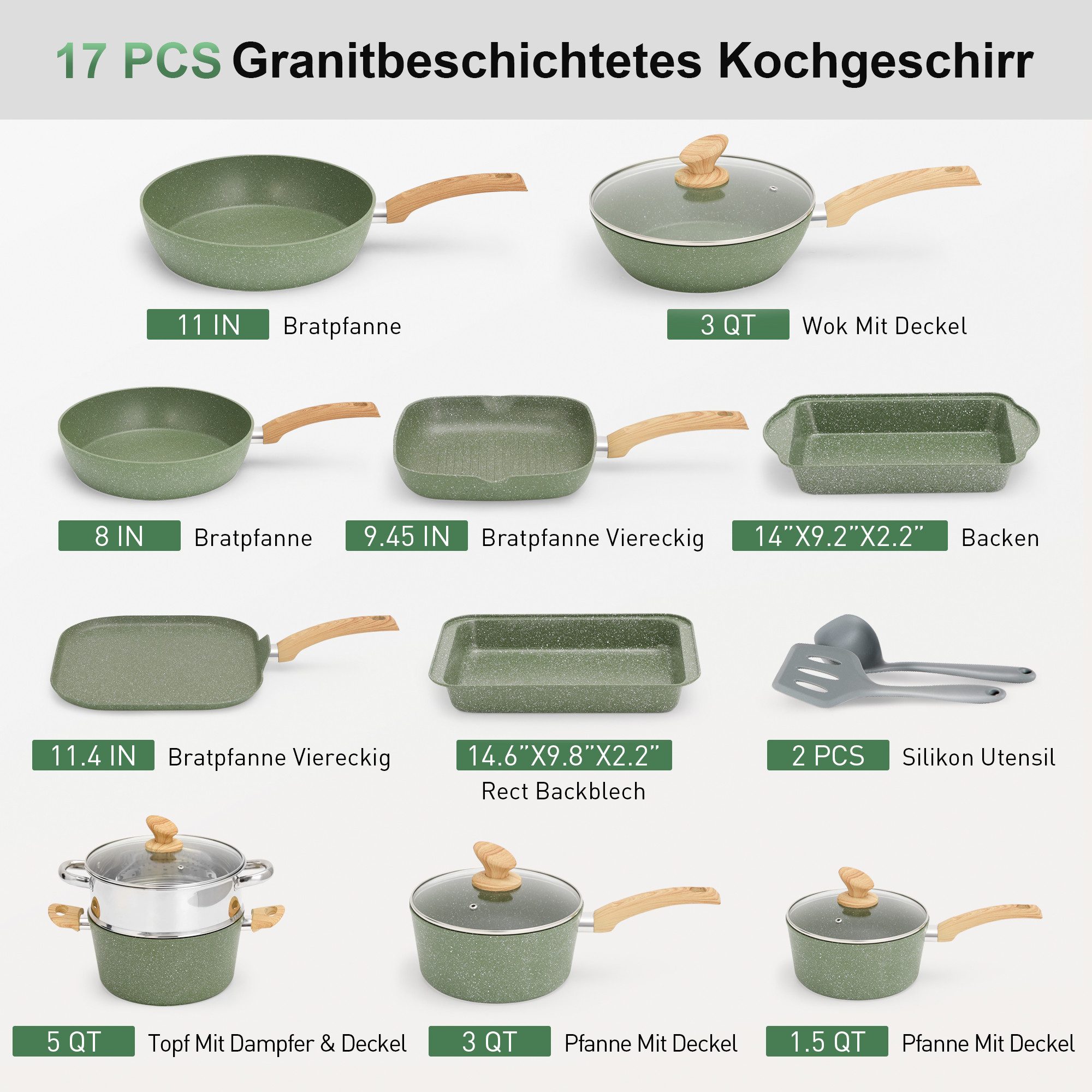 Kitchen Academy Topf-Set, Aluminium, Granit (17-tlg, Pfanne 20cm/28cm, Bratpfanne 24cm, Quadratische Bratpfanne 24cm/29cm, Kasserolle 1,5qt/3qt/5qt, 5qt Dampfgarer, 2 Backform, 2 Silikonspatel), Induktions Töpfe Set 17-teilig Kochtopf Set mit Glasdeckeln
