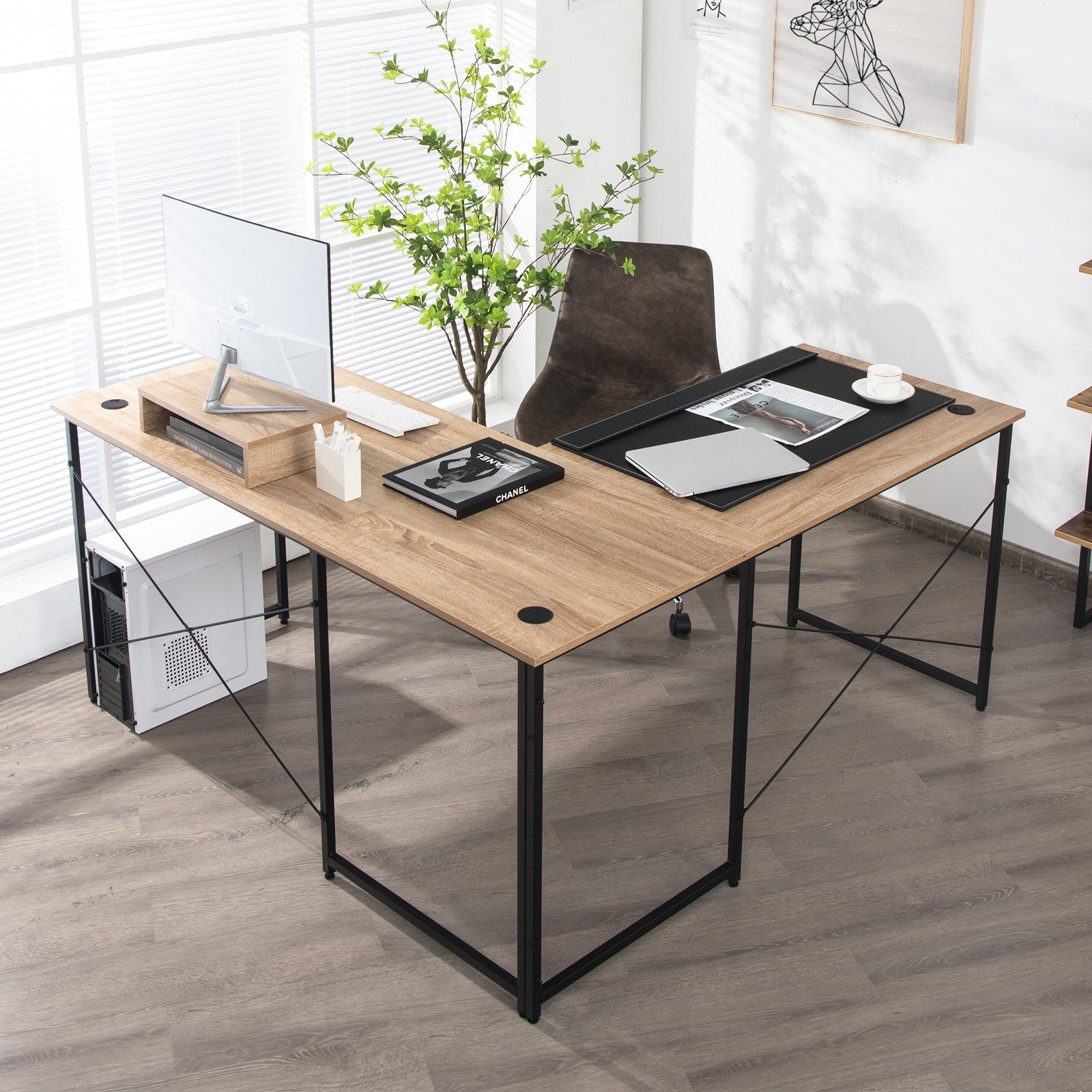 COSTWAY Eckschreibtisch, L-Form, mit Monitorständer, 150 günstig online kaufen