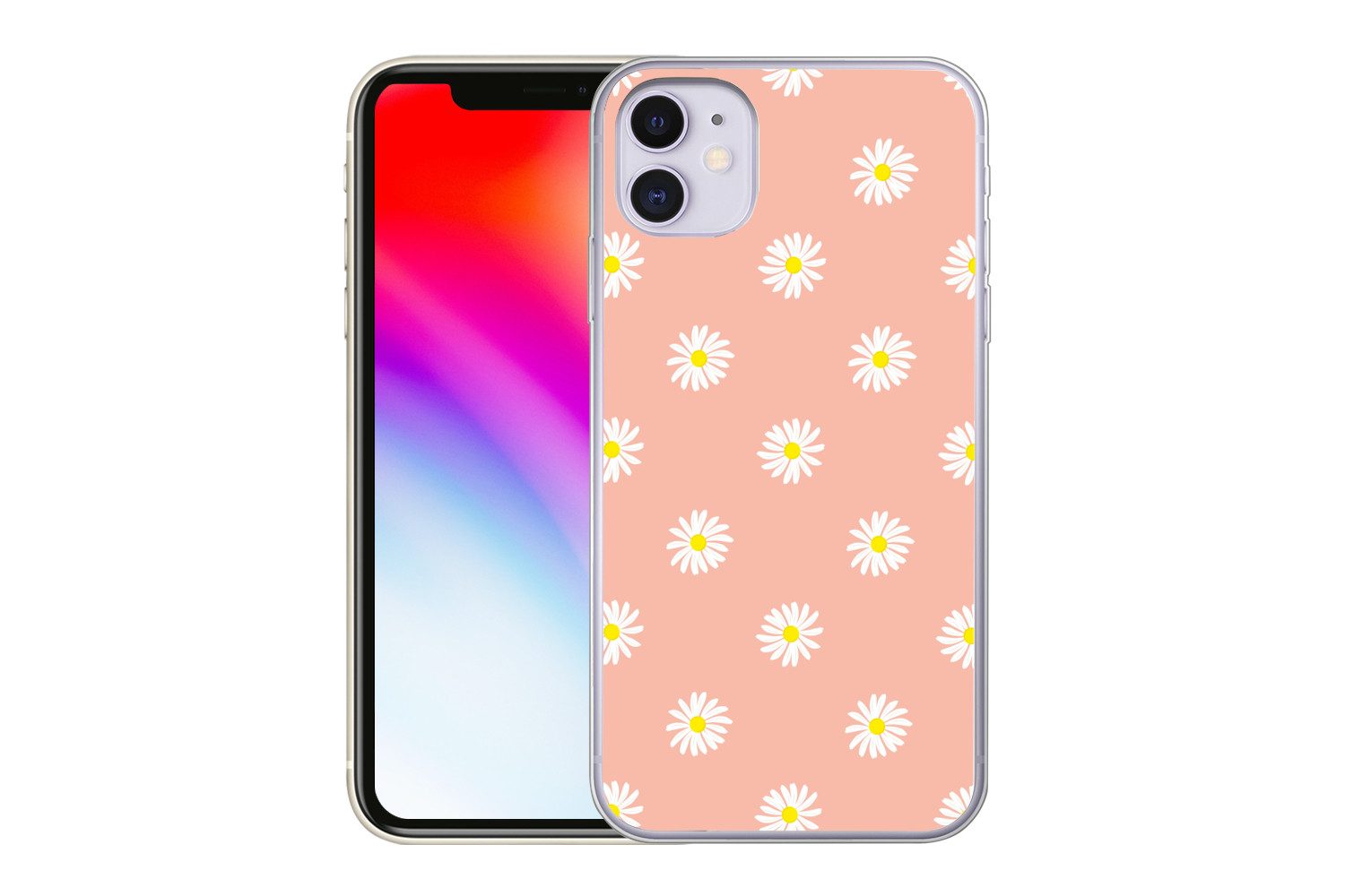 MuchoWow Handyhülle für Apple iPhone 11 Gänseblümchen - Pastell - Weiß - Rosa - Blumendruc, Smartphone-Bumper, Print, Handy Schutzhülle Dünn