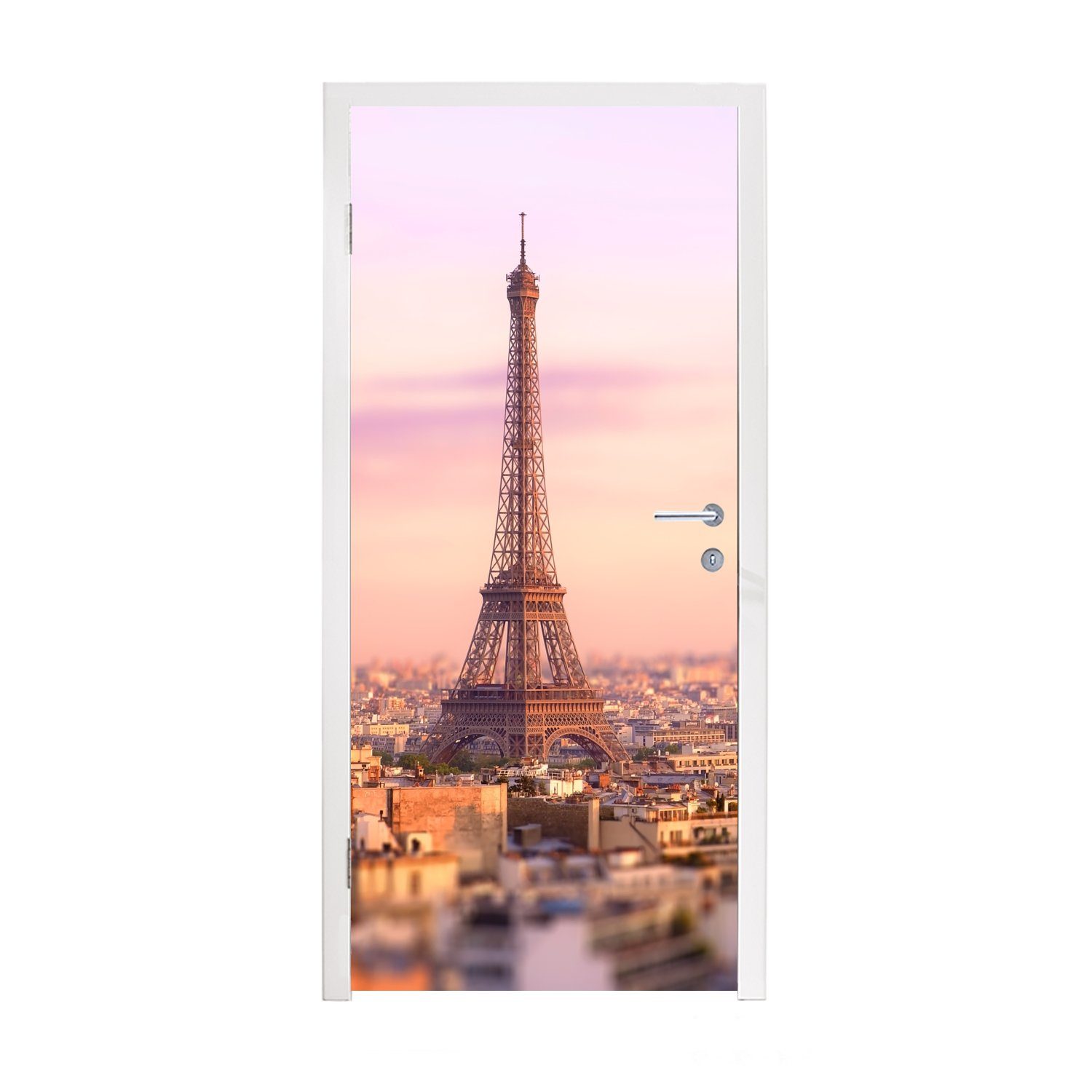 Aufstiegsplan MuchoWow Türtapete Paris cm Blick St), für Fototapete Matt, Türaufkleber, Tür, bedruckt, darüber Eiffelturm, dem über aufragenden (1 75x205 mit
