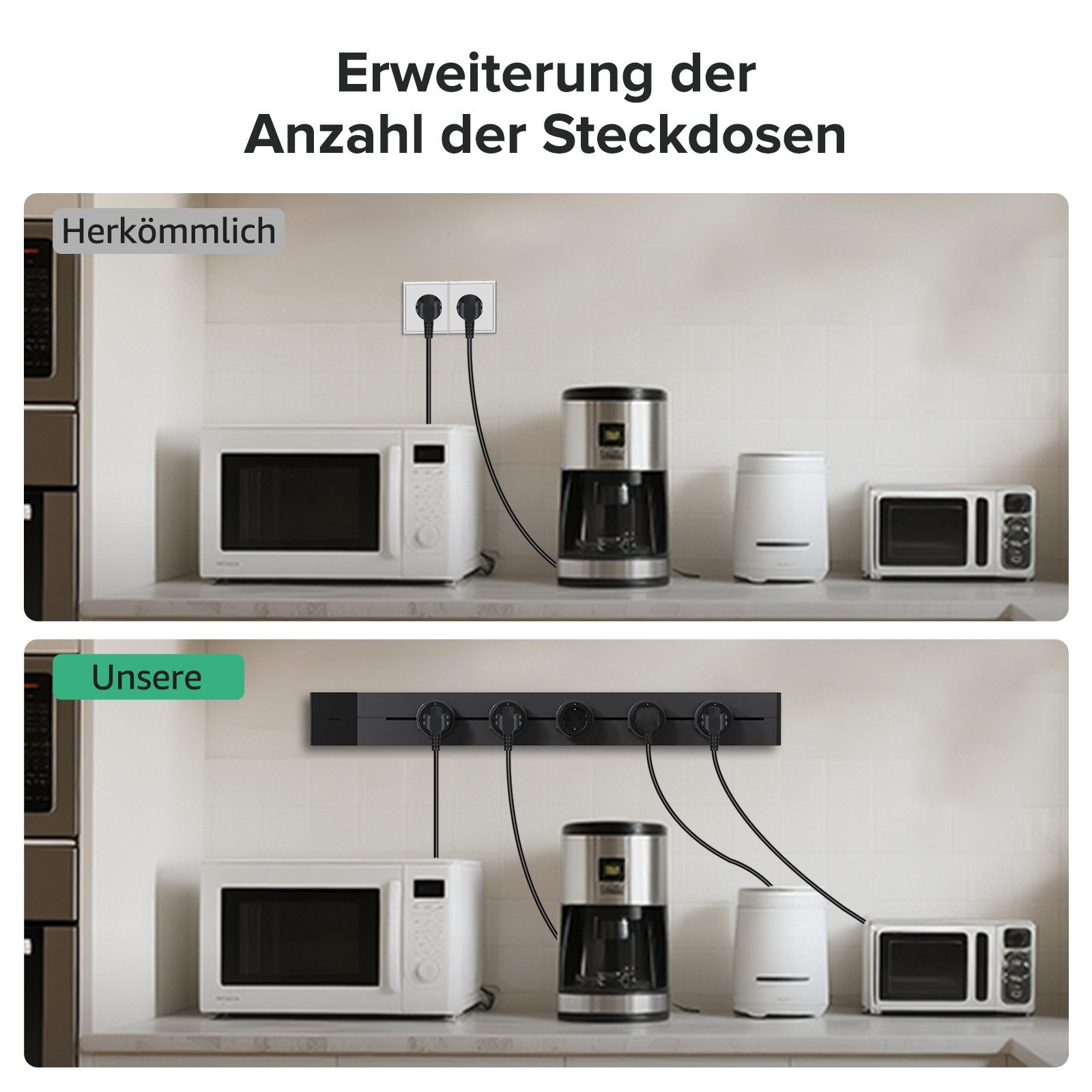 GONEO Stromschienen-Steckdose mit Adapter, Mehrfachsteckdose (Kabellänge 0.50 m), für Küche, Büro & Home Office