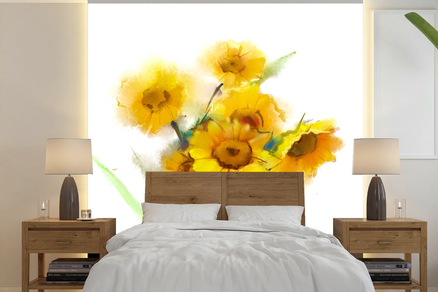 - - (4 MuchoWow Fototapete Küche, Wohnzimmer Fototapete Ölfarbe Sonnenblumen St), Schlafzimmer bedruckt, Farben, Matt, Vliestapete für