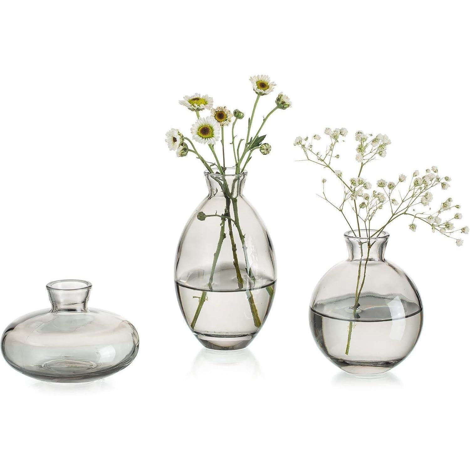 LuxusKollektion Glas Vasen Mini Glas Blumenvase Set 3teilig Vintage Tischdeko 1 Satz Grau