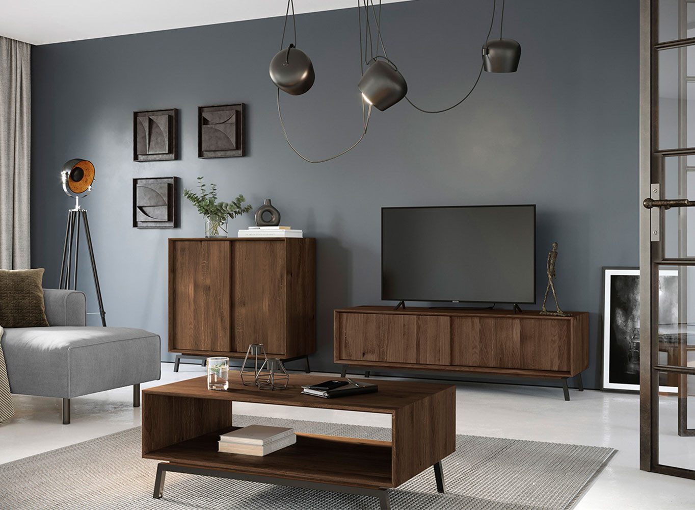Feldmann-Wohnen Lowboard Modern Loft (2-türig, mit Einlegeböden, 1 St., Massivholz, geölte Oberfläche), 200x50x52cm 2-türig Eiche Tabak