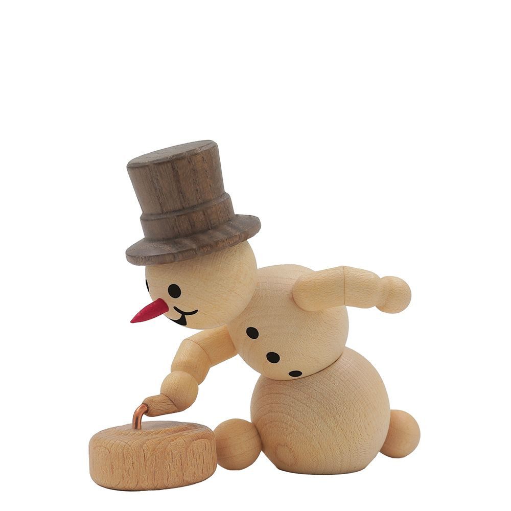 Drechslerei Volkmar Wagner Räuchermännchen Schneemann „Curlingspieler mit Stein“ - 7 cm - Original Erzgebirge