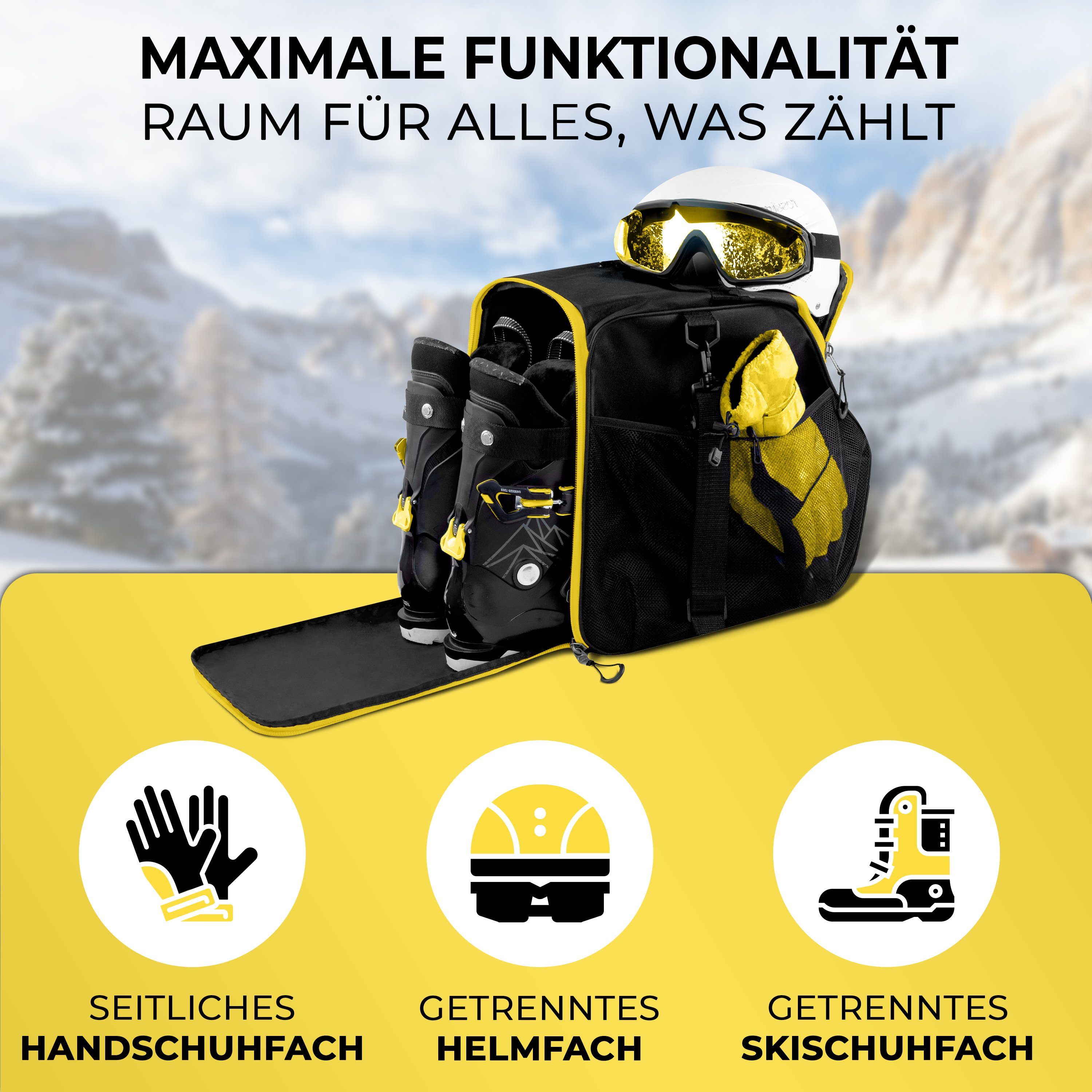 ZERMATT, L] Stiefelfach Skischuhtasche Styngard mit Skitasche Helmfach [40 Schwarz-Gelb und
