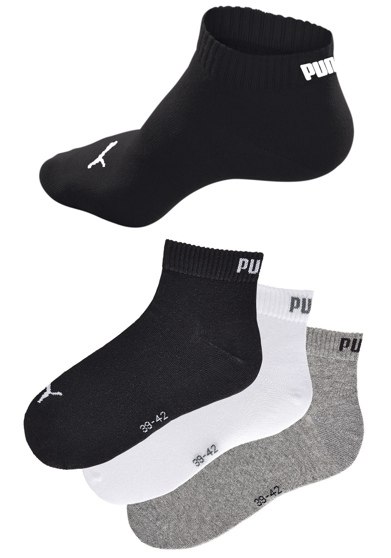 schwarz, Rippbündchen 1x 1x 1x grau-meliert weiß, (3-Paar) Kurzsocken mit PUMA