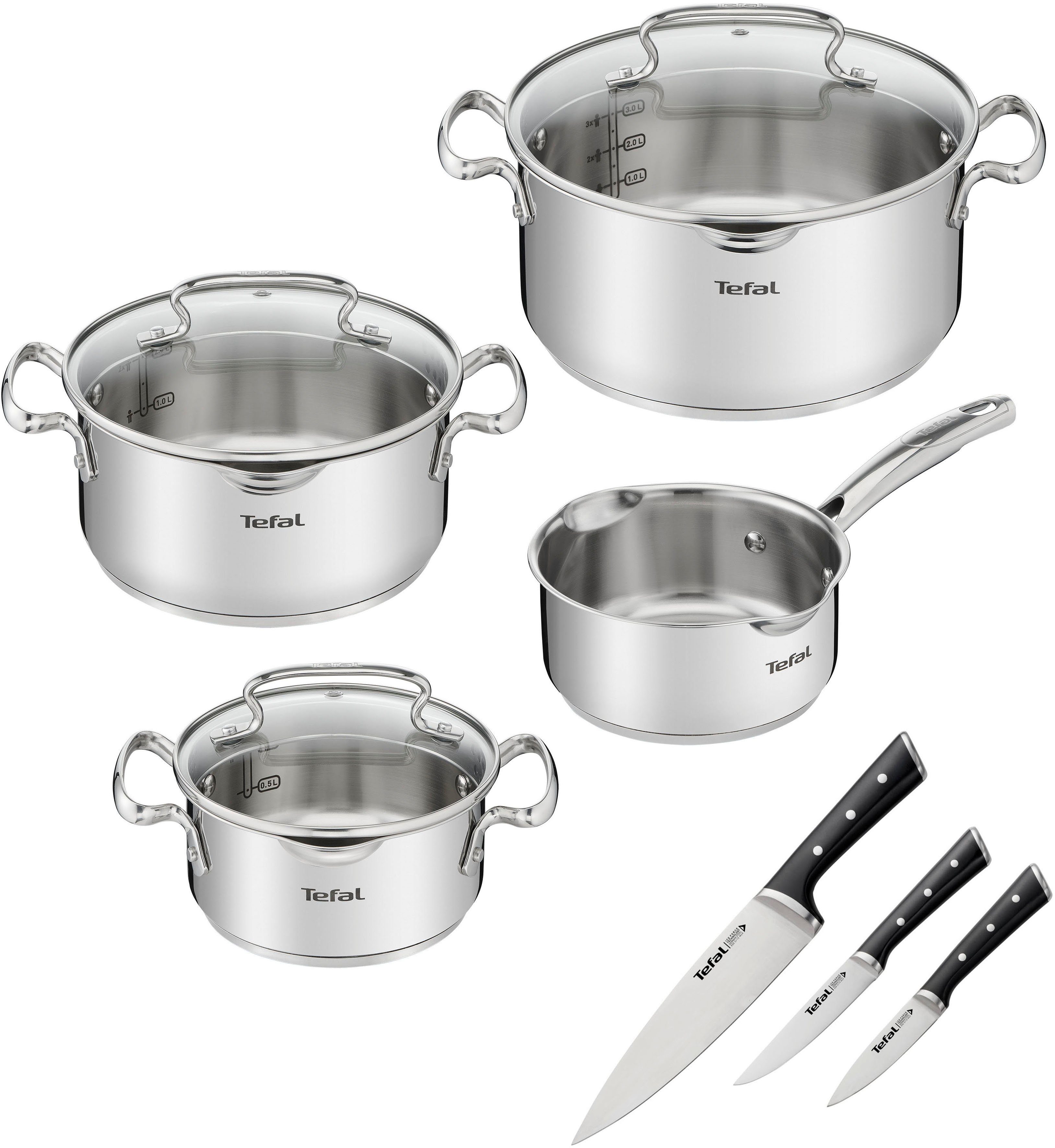 Tefal Topf-Set G719S7_K2323S74 Duetto+ Ice Force, Edelstahl (Set, 10-tlg), rostfreier Edelstahl, Deckel m. Abgießfunktion, inkl. 3tlg. Messer-Set | Topfsets