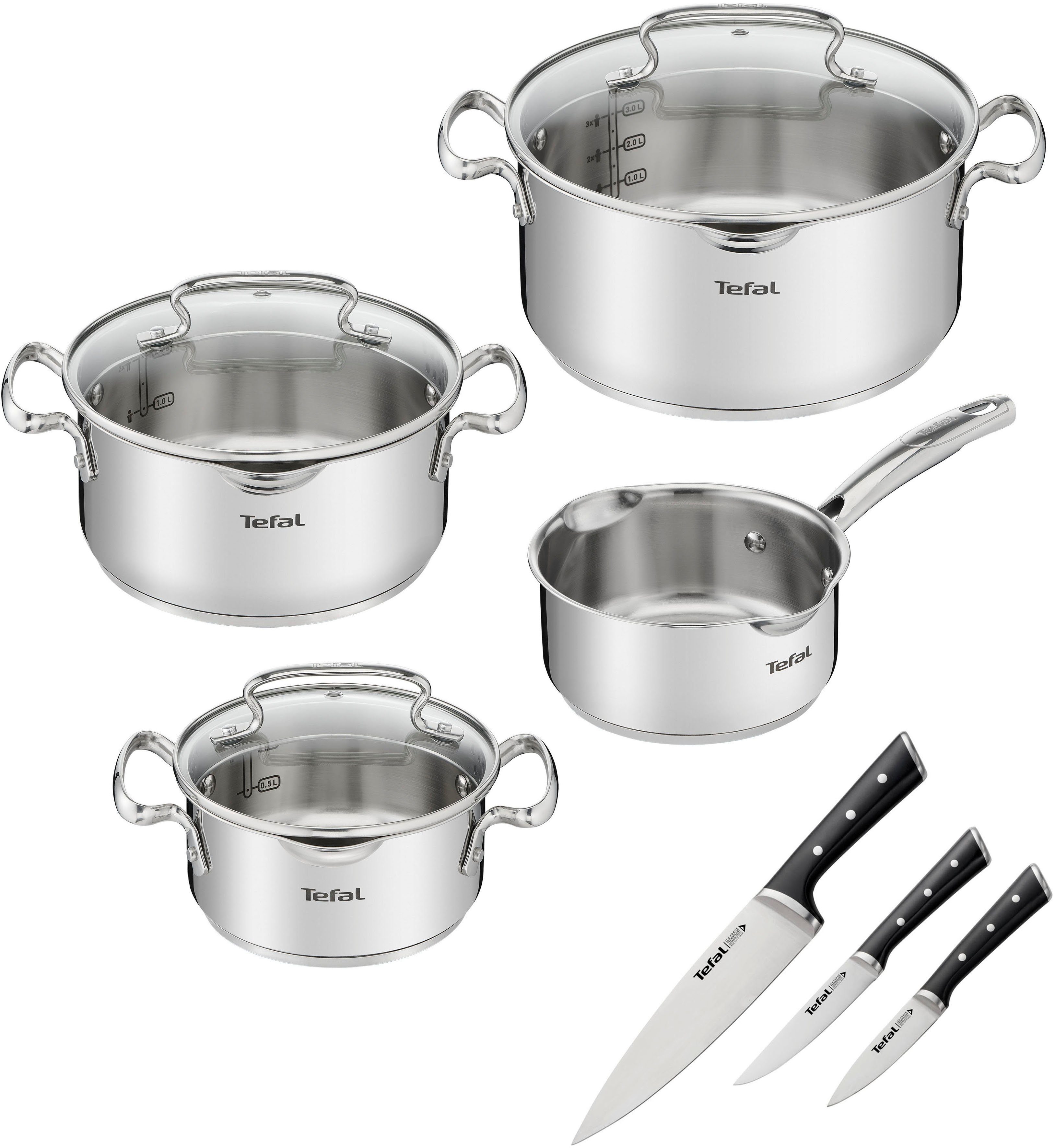 Tefal Topf-Set G719S7_K2323S74 Duetto+ Ice Force, Edelstahl (Set, 10-tlg., Kasserolle 16 cm, Töpfe mit Deckel 16/20/24 cm), rostfreier Edelstahl, Deckel m. Abgießfunktion, inkl. 3tlg. Messer-Set