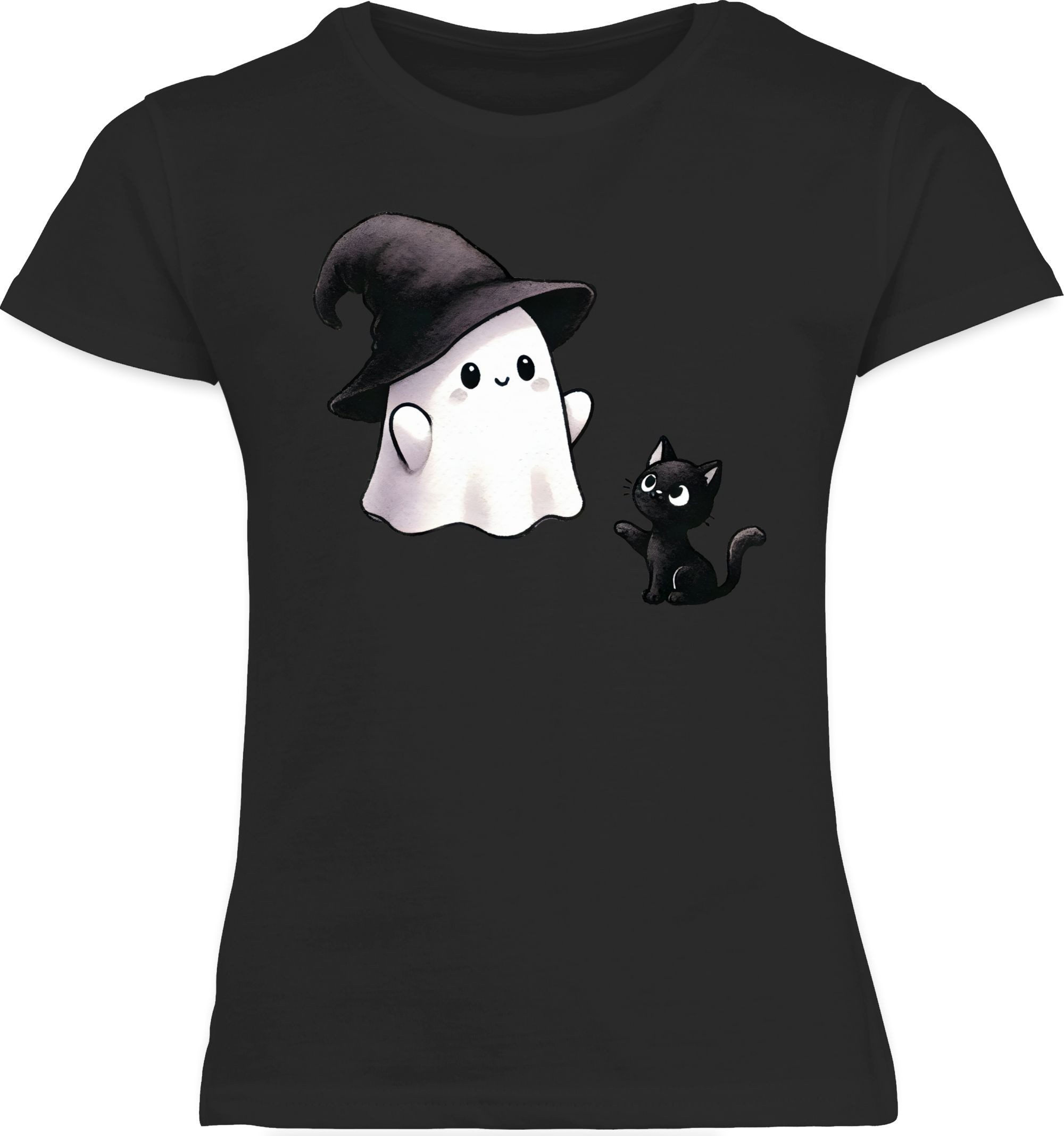 Shirtracer T-Shirt Süßes Geister Motiv mit Katze, Halloween Katzenmotiv Halloween Kostüme für Kinder