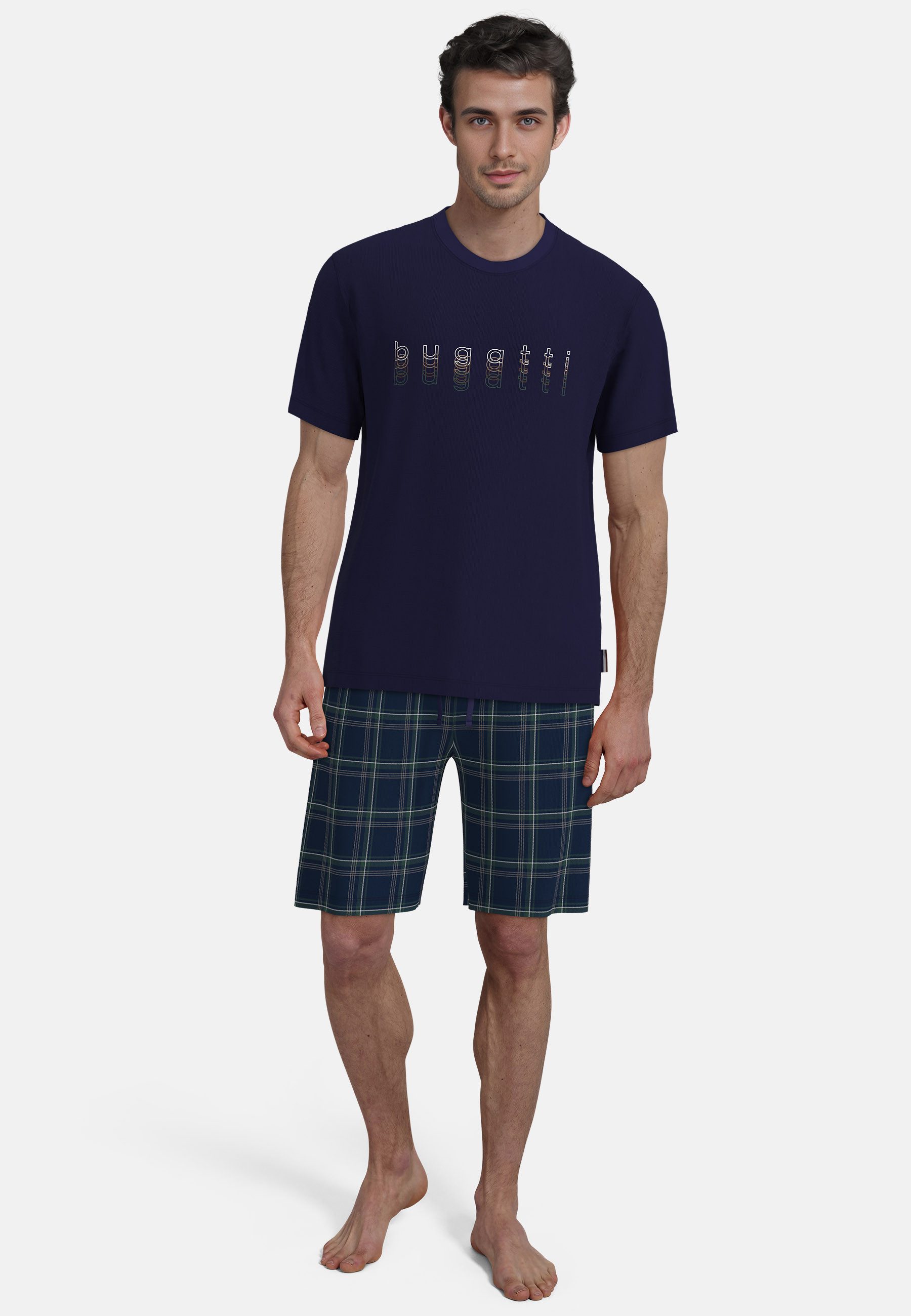 bugatti Shorty Kurzarm, Rundhalsausschnitt, kurze Hose, kariert, mit Logo, Baumwolle