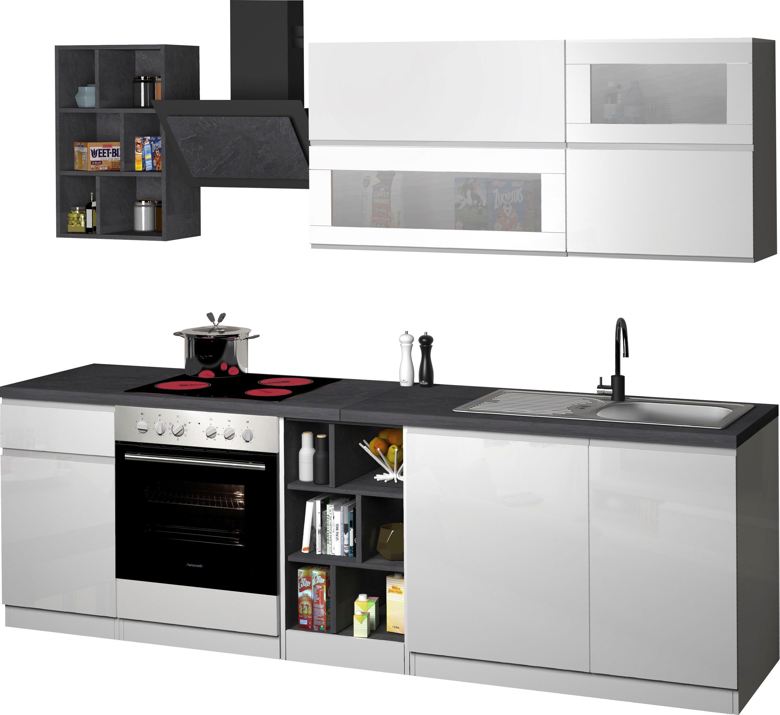 KOCHSTATION Küchenzeile KS-Sole, Breite 256 cm, Hängeschränke mit Milchglas, ohne E-Geräte