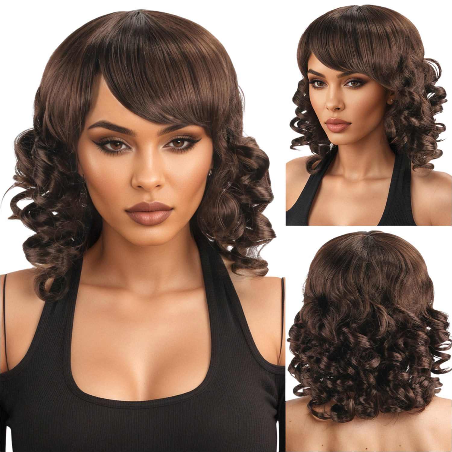 Refttenw Kunsthaarperücke Damen Perücke mit pony,Kurze lockige Perücke,Hitzefaser Perücke,30 cm