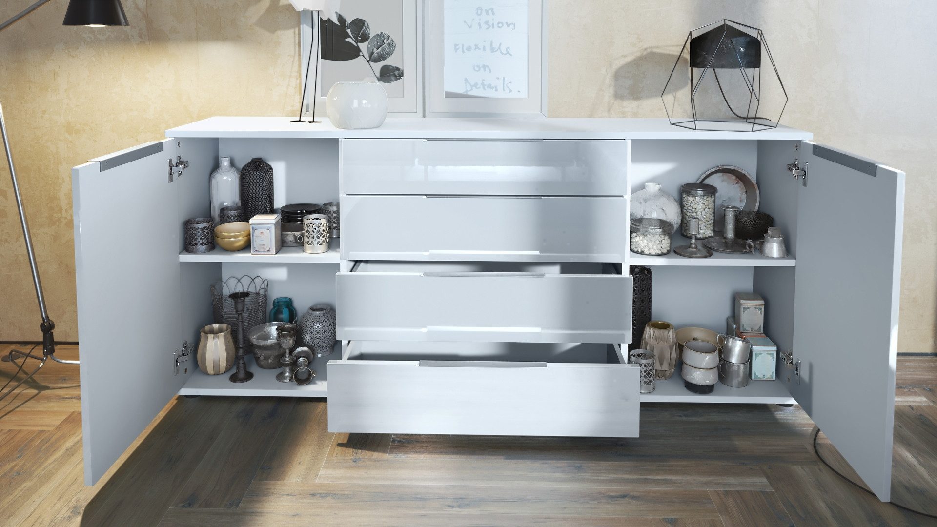 Vladon Sideboard Linio V2 (Moderne Kommode, mit 2 Türen & 4 Schubladen), Weiß matt/Bordeaux Hochglanz, 166,5 x 75,5 x 35 cm (BxHxT)