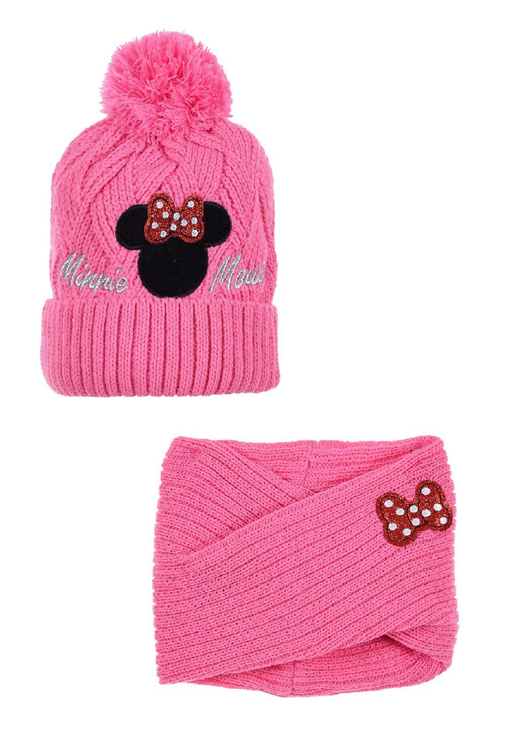Disney Minnie Mouse Bommelmütze Kinder Mädchen Winter-Set Mütze und Loop Mini Maus (SET) Pink