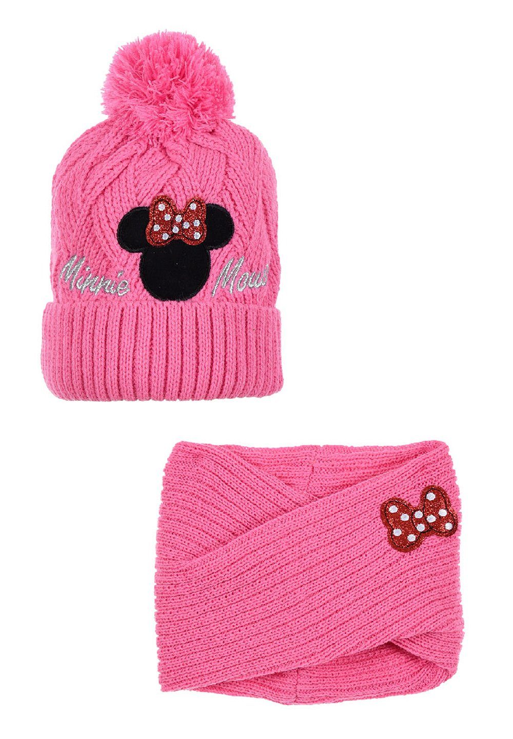 Disney Minnie Mouse Bommelmütze Kinder Mädchen Winter-Set Mütze und Loop Mini Maus (SET)