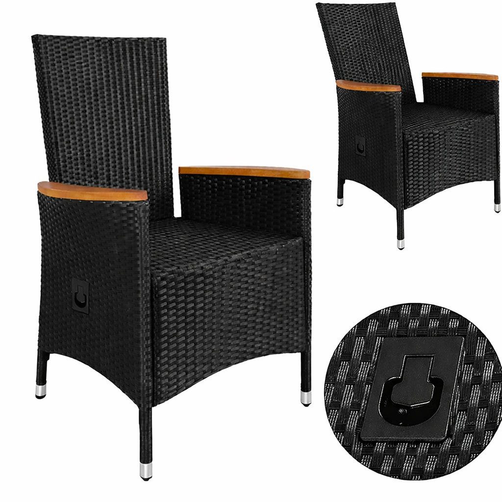Casaria Gartenstuhl (2 St), Polyrattan Neiglehner Rückenlehne verstellbar Armlehne Holz Wetterfest