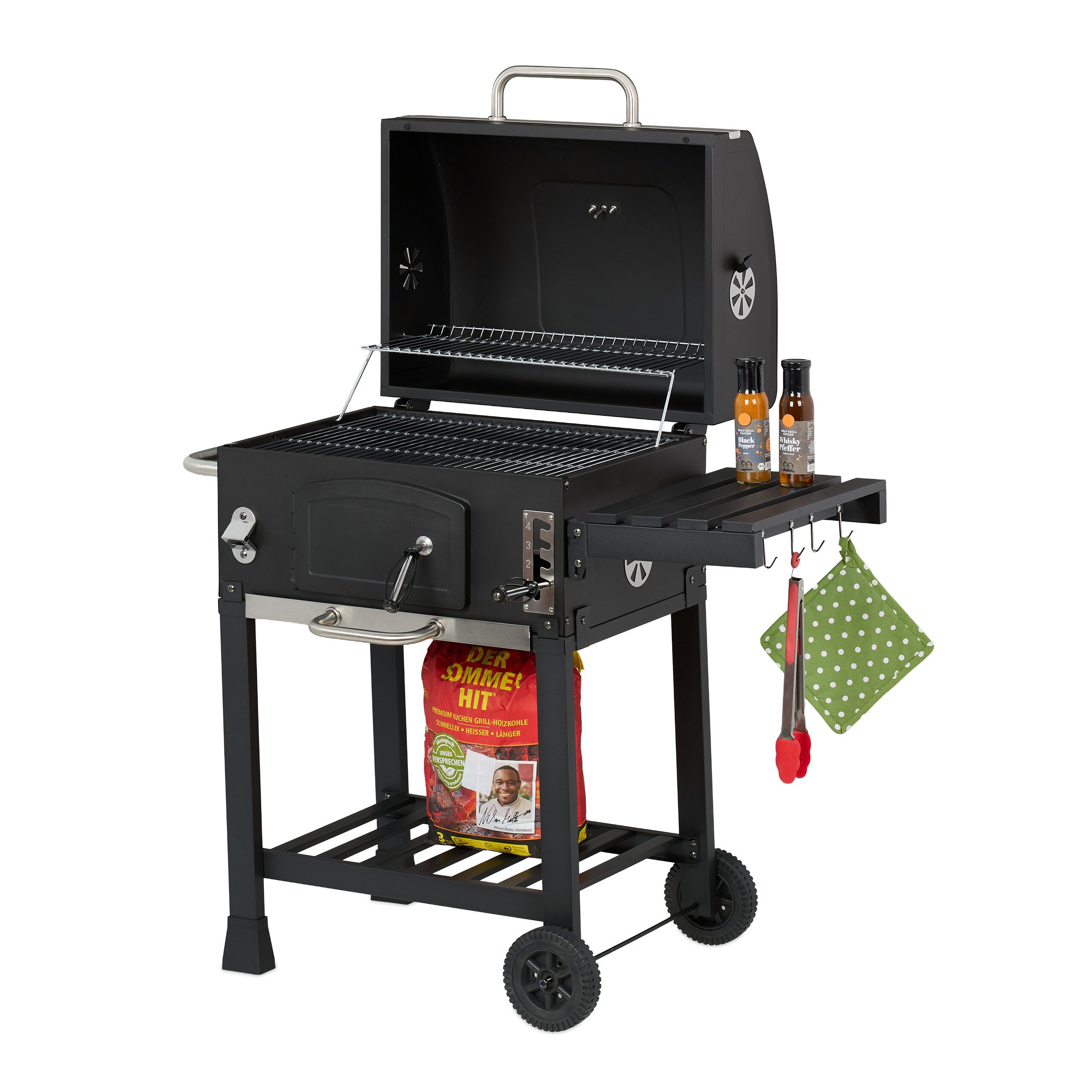 relaxdays Holzkohlegrill Grillwagen mit Deckel
