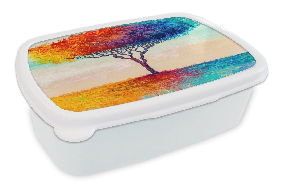 MuchoWow Lunchbox Gemälde - Ölfarbe - Baum - Regenbogen, Kunststoff, (2-tlg), Brotbox für Kinder und Erwachsene, Brotdose, für Jungs und Mädchen weiß