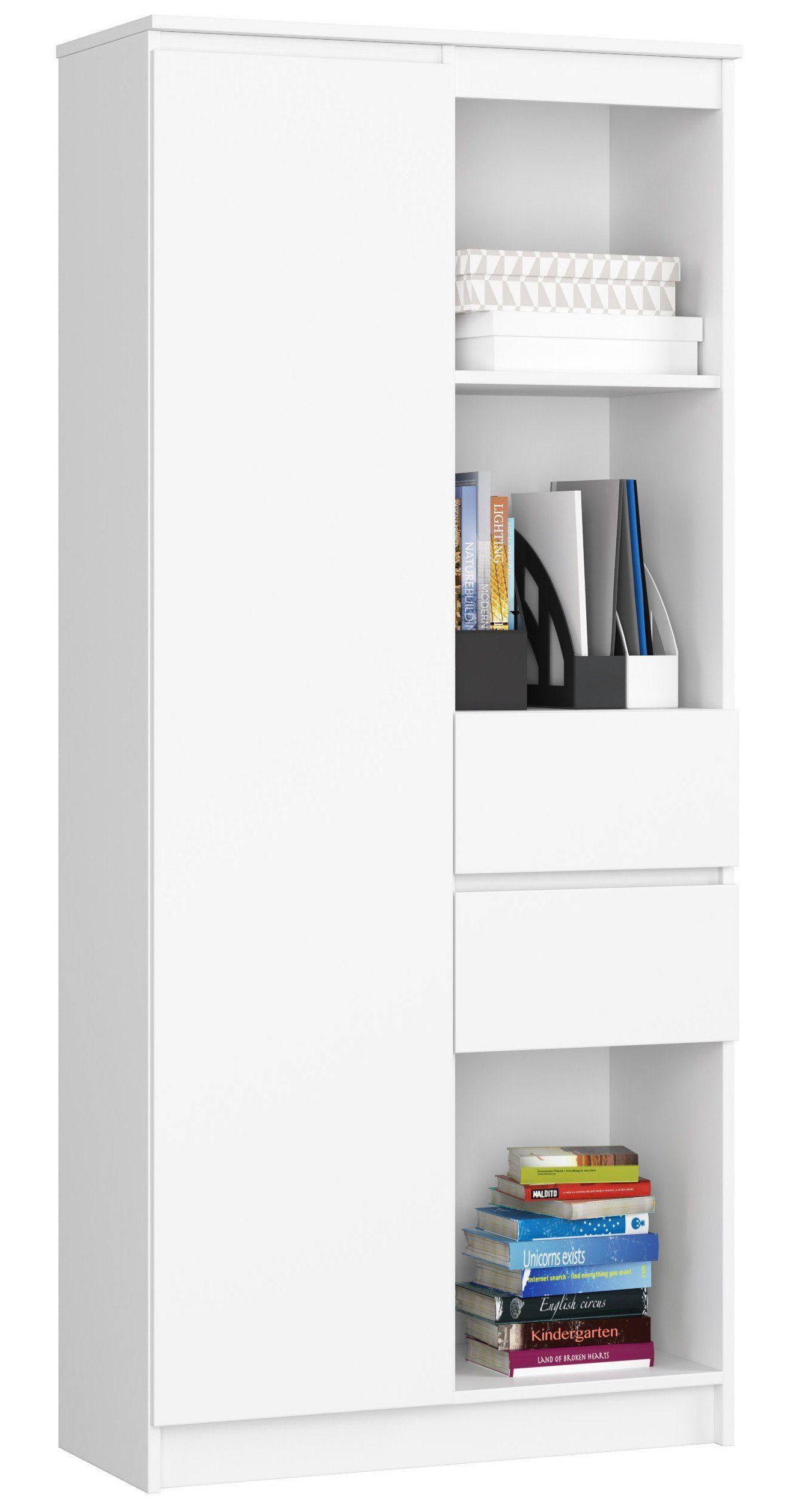 Home Collective Bücherregal Schrank Büroregal weiß 80cm breit 180cm hoch, Aktenschrank, Büroschrank, Mehrzweckschrank, mit Tür und 2 Schubladen mittig