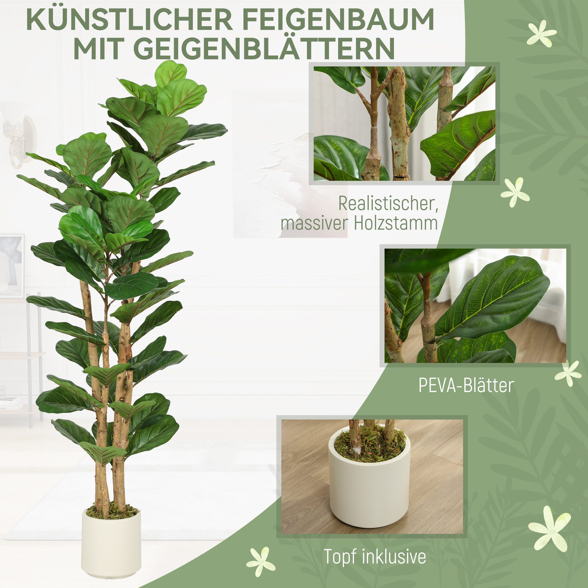 Kunstpflanze Künstlicher mit 71 Blättern, Massivholzstamm, Topf, Deko Geigenfeigenbaum, HOMCOM, Höhe 150 cm, für Wohnzimmer, Schlafzimmer, Büro, Garten, Grün – Bild 4 von 5