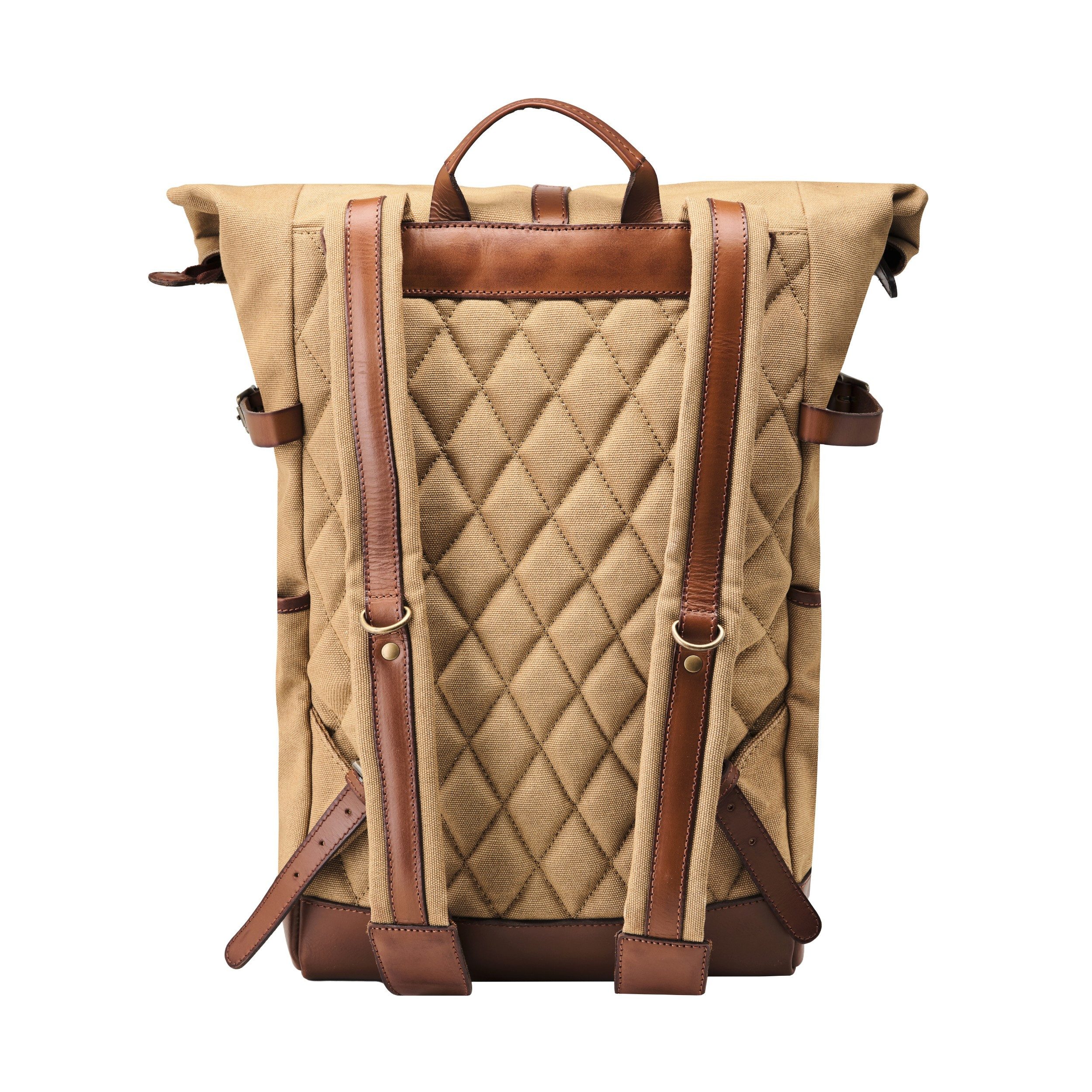 DRAKENSBERG Rucksack Roll-Top »Wyatt« Khaki-Beige, Outdoor-Rucksack aus imprägniertem Canvas mit Leder, 15" Laptopfach