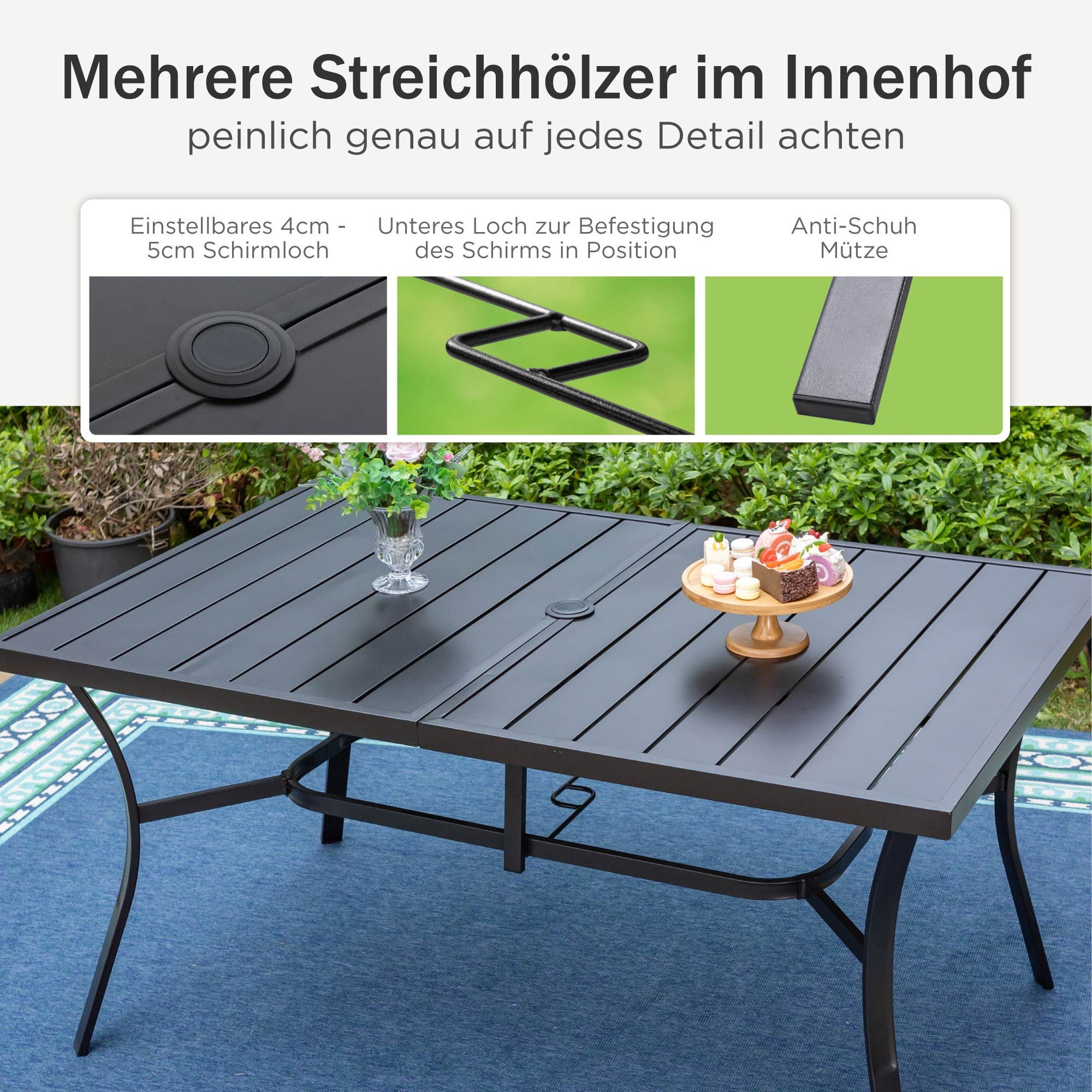 PHI VILLA Gartentisch (152 * 89 cm Gartentisch Terrassentisch Wetterfest, für 6 Personen Terrassentisch Draussen Metalltisch Gartenmöbel), Gartentisch mit Schirmloch