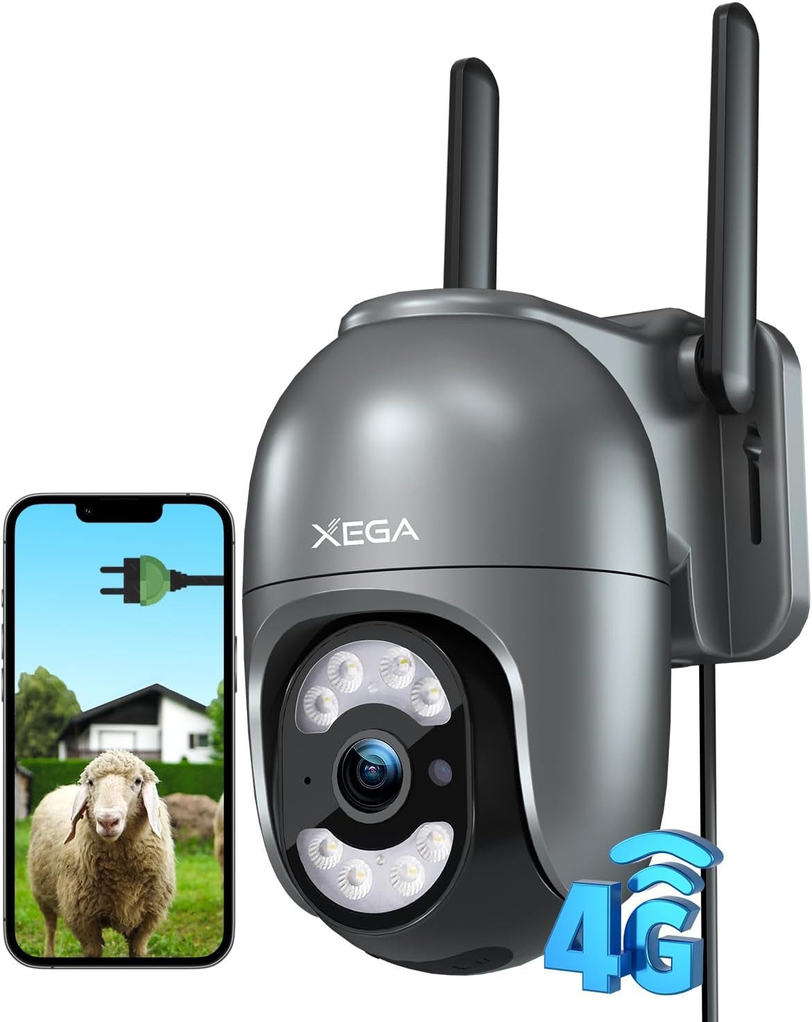 XEGA Überwachungskamera 4G LTE Kabelgebunden 24/7 Überwachungskamera mit SIM Karte ohne WLAN (Set, automatischer Verfolgung und …