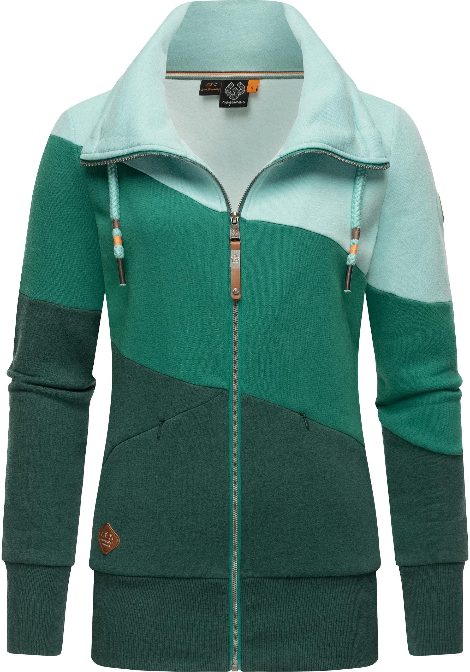 Ragwear Sweatjacke Rumika Zip sportliche Zip-Jacke Hoher mit Muster, und halten Damen coolem Eingrifftaschen warm Baumwollanteil schön