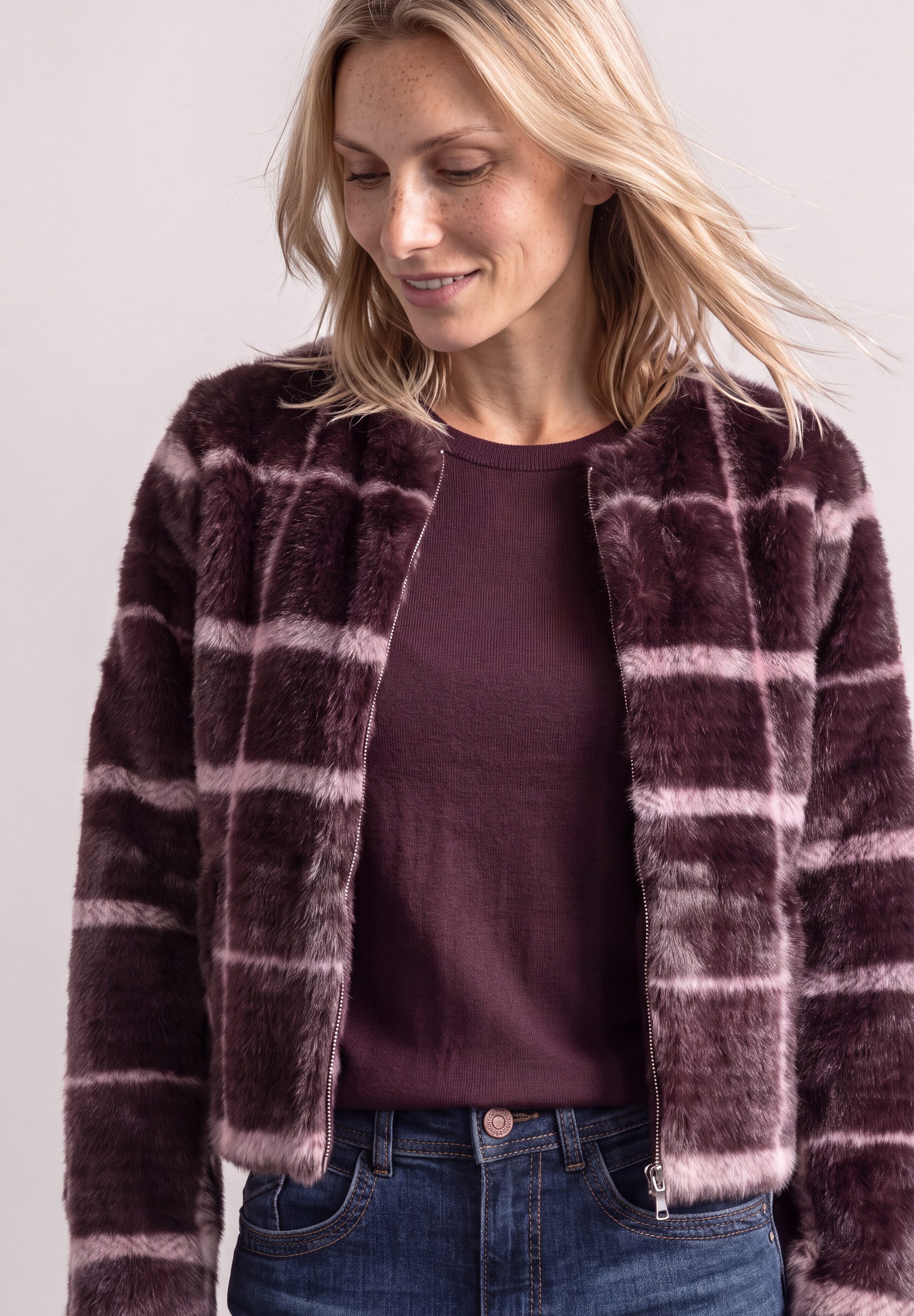 STREET ONE Kurzjacke mit Karomuster, Fake Fur