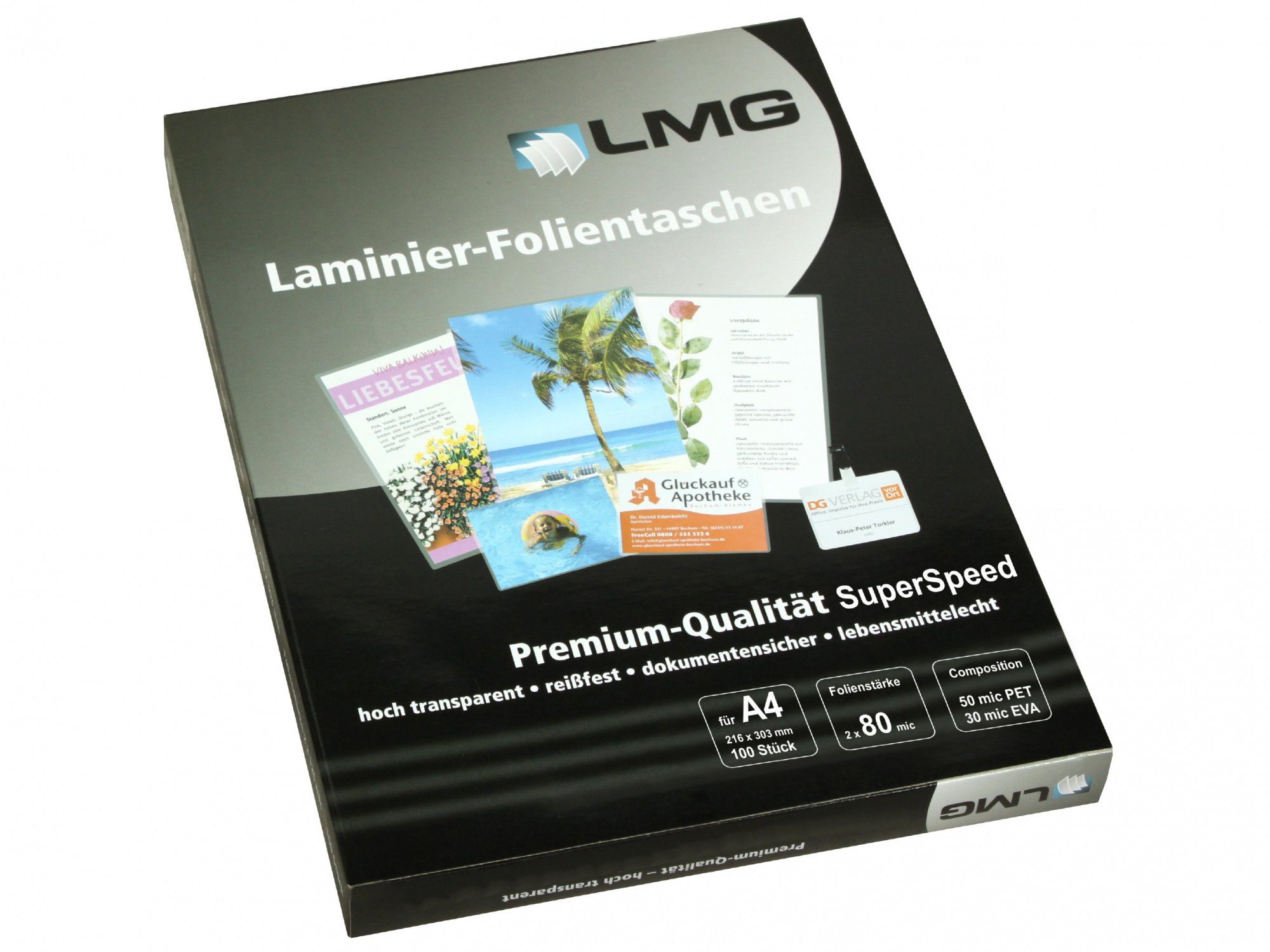 LMG Germany Laminierfolie LMG Laminierfolien A4 (216x303mm), 2x80mic, glänzend, Highspeed, DIN A4, 80 µm, glänzend, 100 St., Schnellläufer, an der lange Seite geschlossen für Querführung