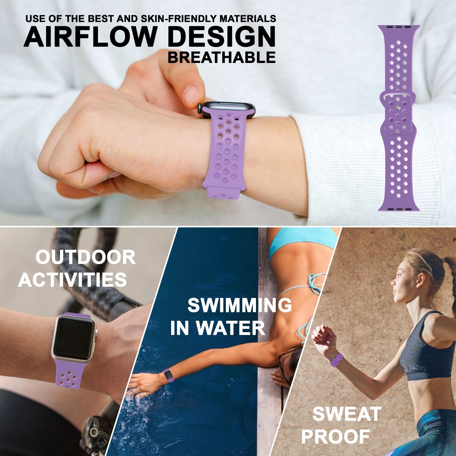 Nalia Smartwatch-Armband Apple für Fitness Lila Ersatzband Atmungsaktiv / / Sport 38mm/40mm/41mm, Watch Silikon Gelochtes Uhr