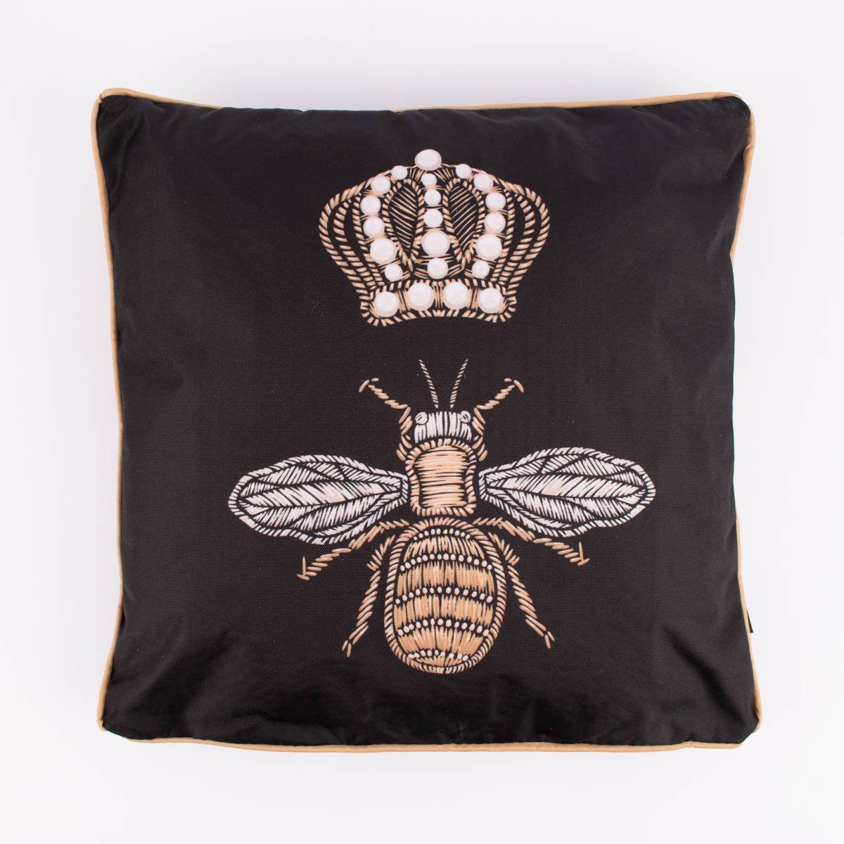 SCHÖNER LEBEN. Dekokissen Outdoor Kissen Kederumrandung Bienenkönigin schwarz gold weiß 45x45cm