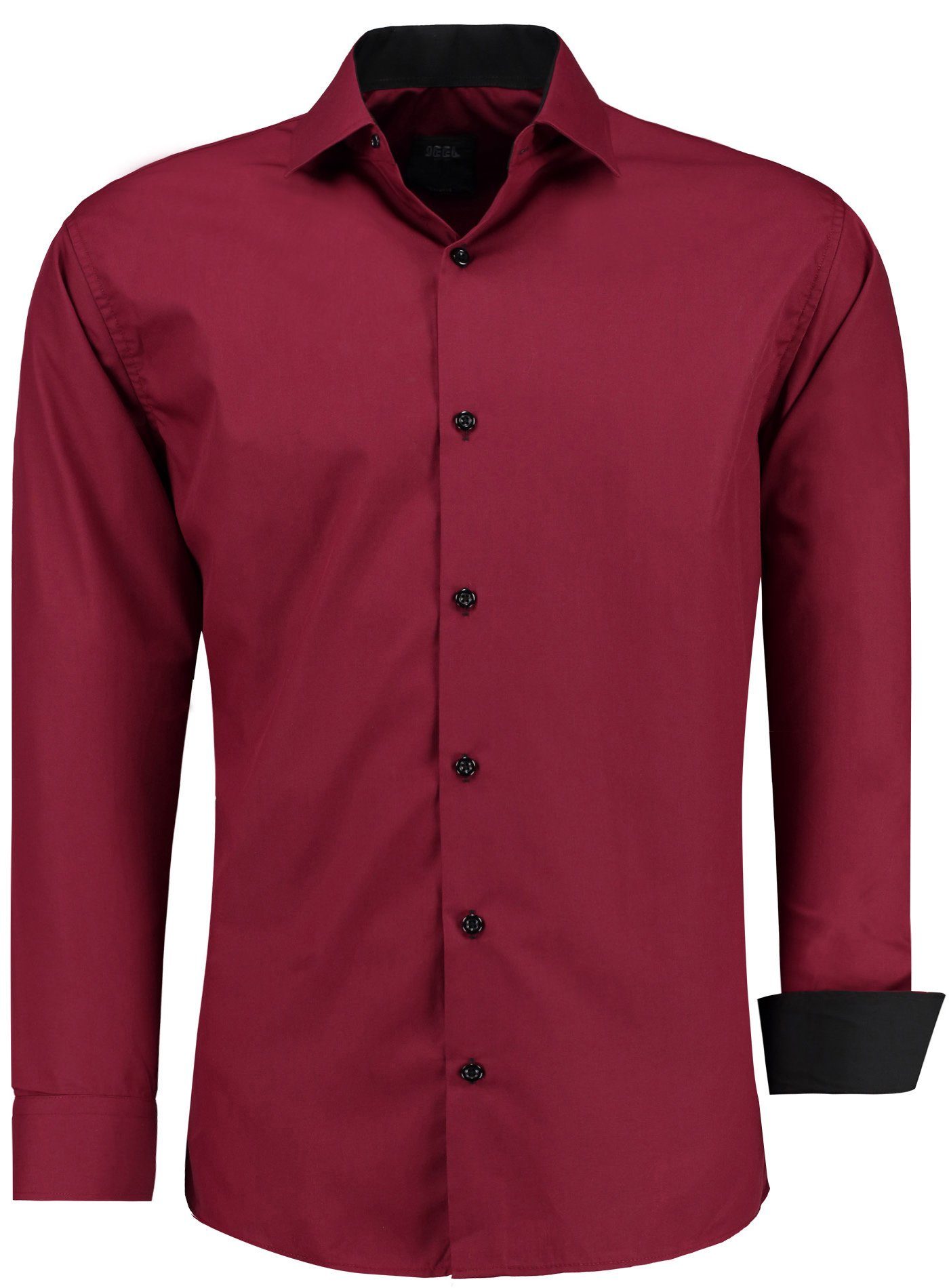 JEEL Businesshemd JH12105 Slim Fit Langarm Herren Hemd mit farblich abgesetzten Elementen, Langarm Kentkragen Uni Bordeauxrot