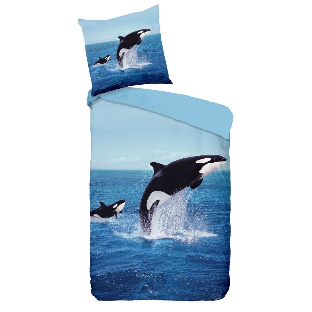 Kinderbettwäsche Wal Ozean Meer 135x200+80x80 cm, MTOnlinehandel, Polyester, 2 teilig, weich & angenehm, Bettwäsche Orca, blau