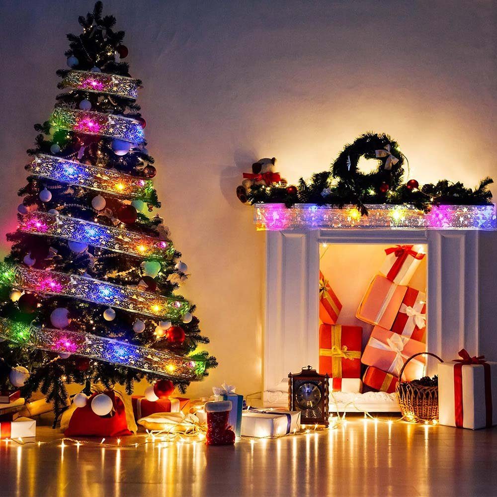 Rosnek LED-Lichterkette wasserdicht, (Mehrfarbig) 5/10M, Weihnachtsfeier, Gold Weihnachtsbaum Modi, für Timer, 8 Batterie; Deko Lichterband, Fernbedienung