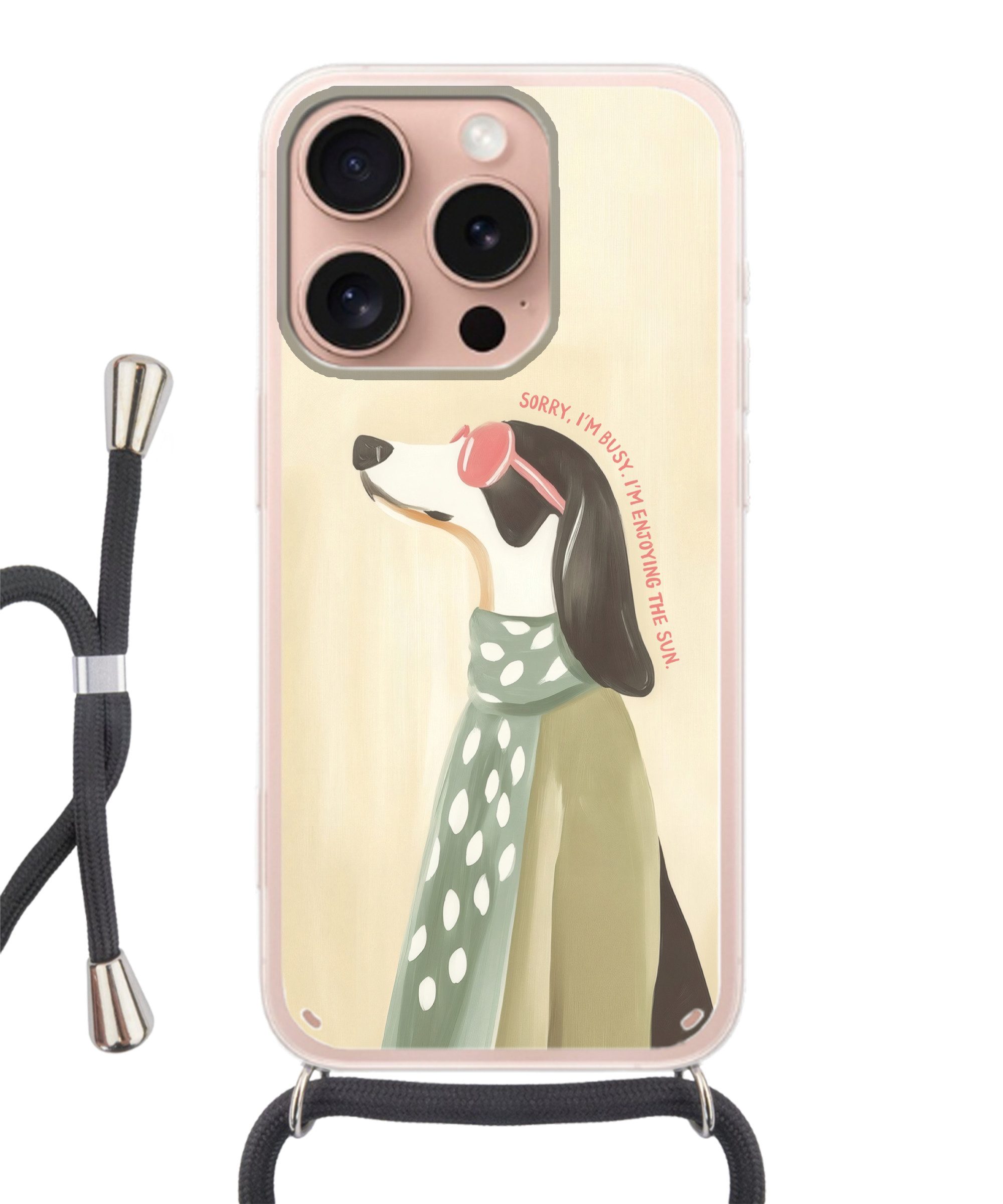MuchoWow Handyhülle für Apple iPhone 16 Pro Zitat - Hund - Sonnenbrille, Tragbare Handyhüllen mit Kette zum umhängen, Handykette Handyband