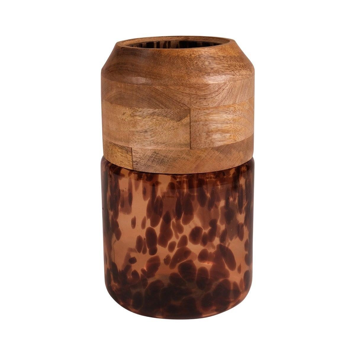 INNA-Glas Dekovase Glasvase Russell mit Mangoholz, Leopardenmuster, brau