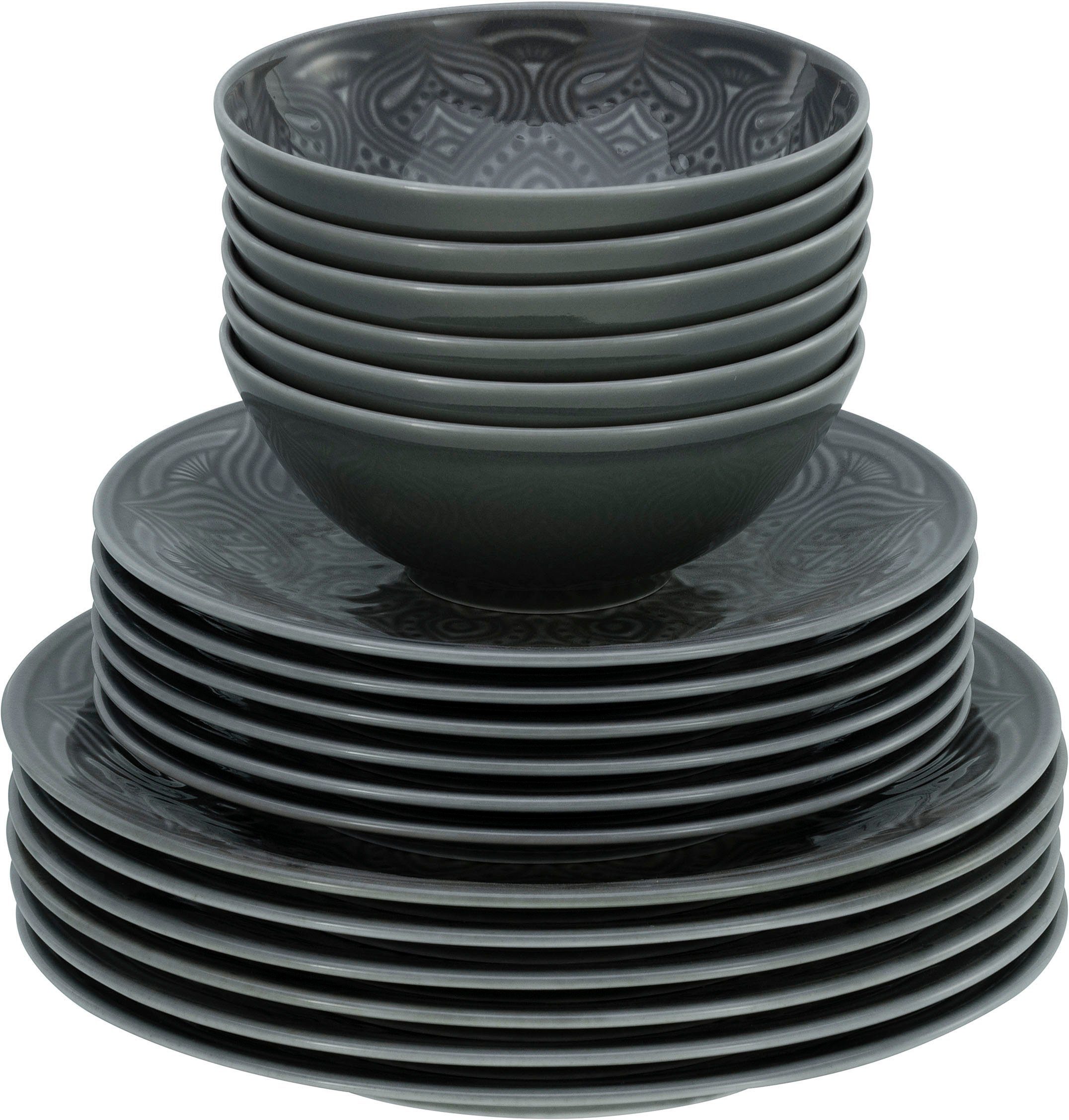 creaTable Teller-Set Orient Mandala (18-tlg), 6 Personen, Porzellan, Teller Set, Speiseteller, Dessertteller und Schalen im Set
