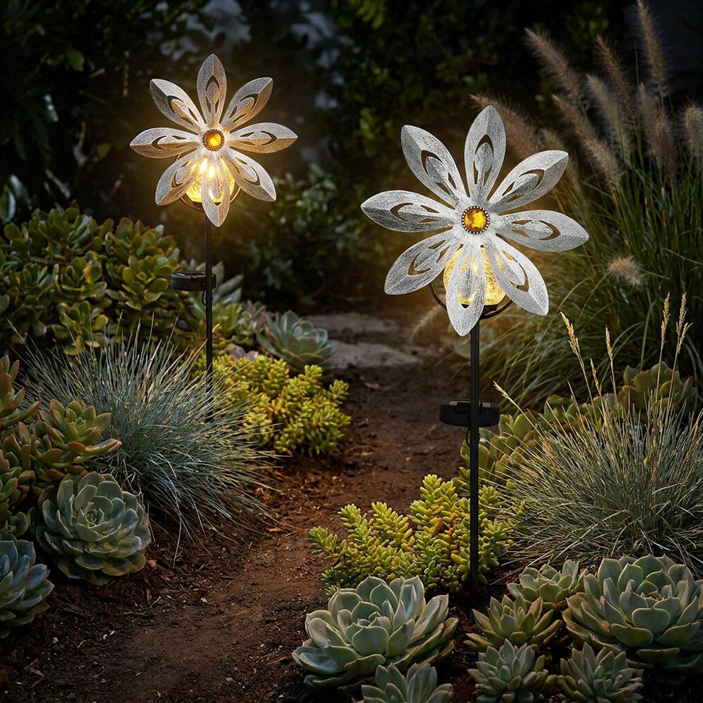 GLOBO LIGHTING LED Solarleuchte, LED-Leuchtmittel fest verbaut, Warmweiß, 2er Set Solarleuchte Außenleuchte LED Windrad silbergrau Gartenlampe