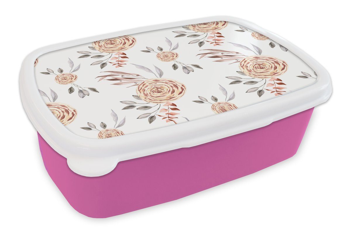 MuchoWow Lunchbox Weiß, Kunststoff Rosen Braun Mädchen, Kinder, - Erwachsene, Brotbox Kunststoff, für rosa - Brotdose Snackbox, Gold - (2-tlg)