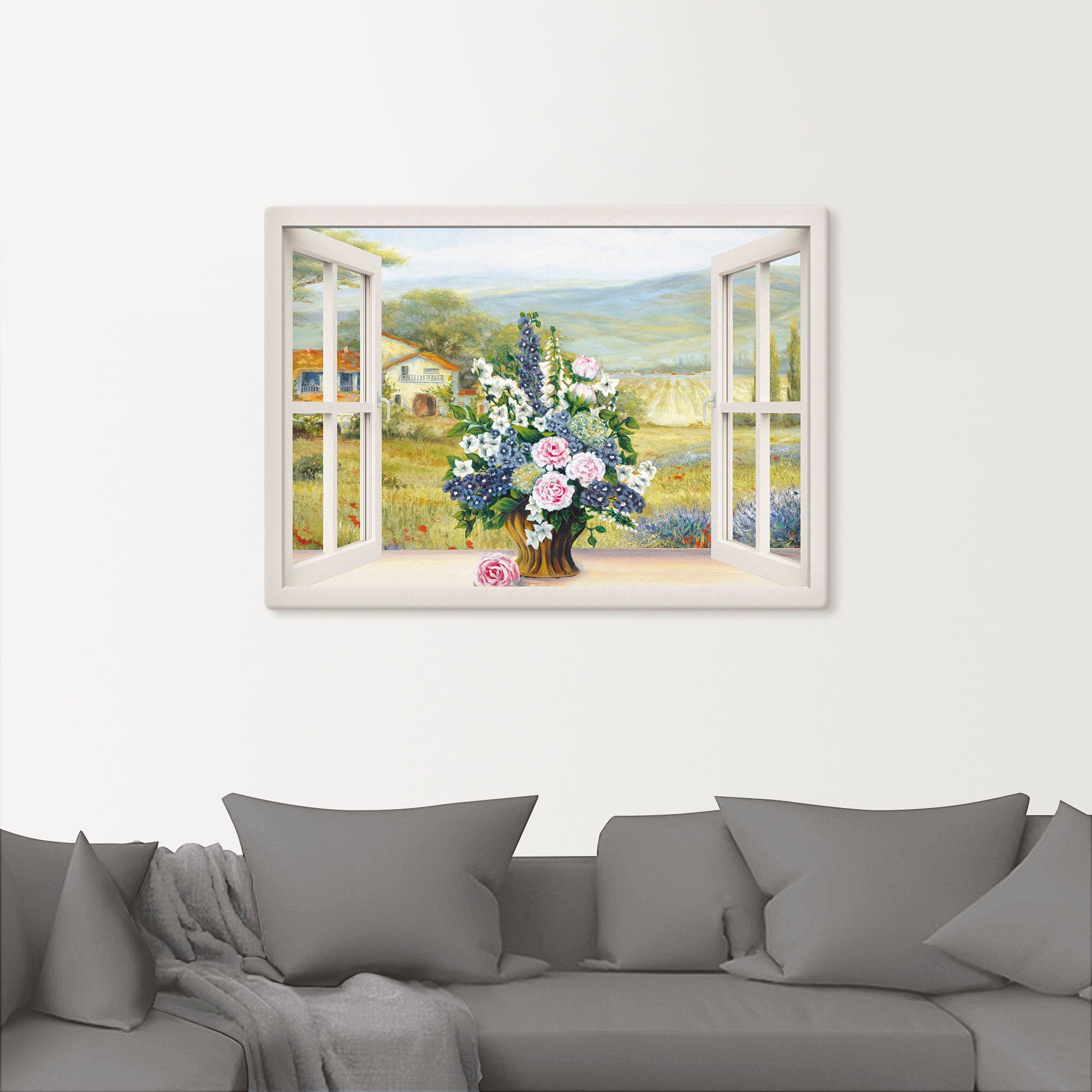 Artland Leinwandbild Blumenbouquet am weißen Fenster, Arrangements (1 St), auf Holzrahmen gespannt
