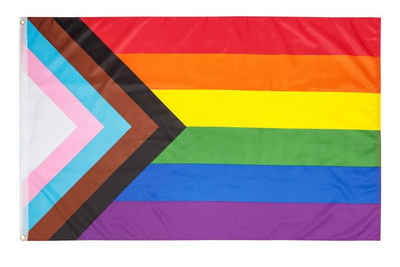 PHENO FLAGS Flagge Progress Flagge Pride Regenbogen Fahne Lgbtq Progressfahne (Hissflagge für Fahnenmast), Inkl. 2 Messing Ösen