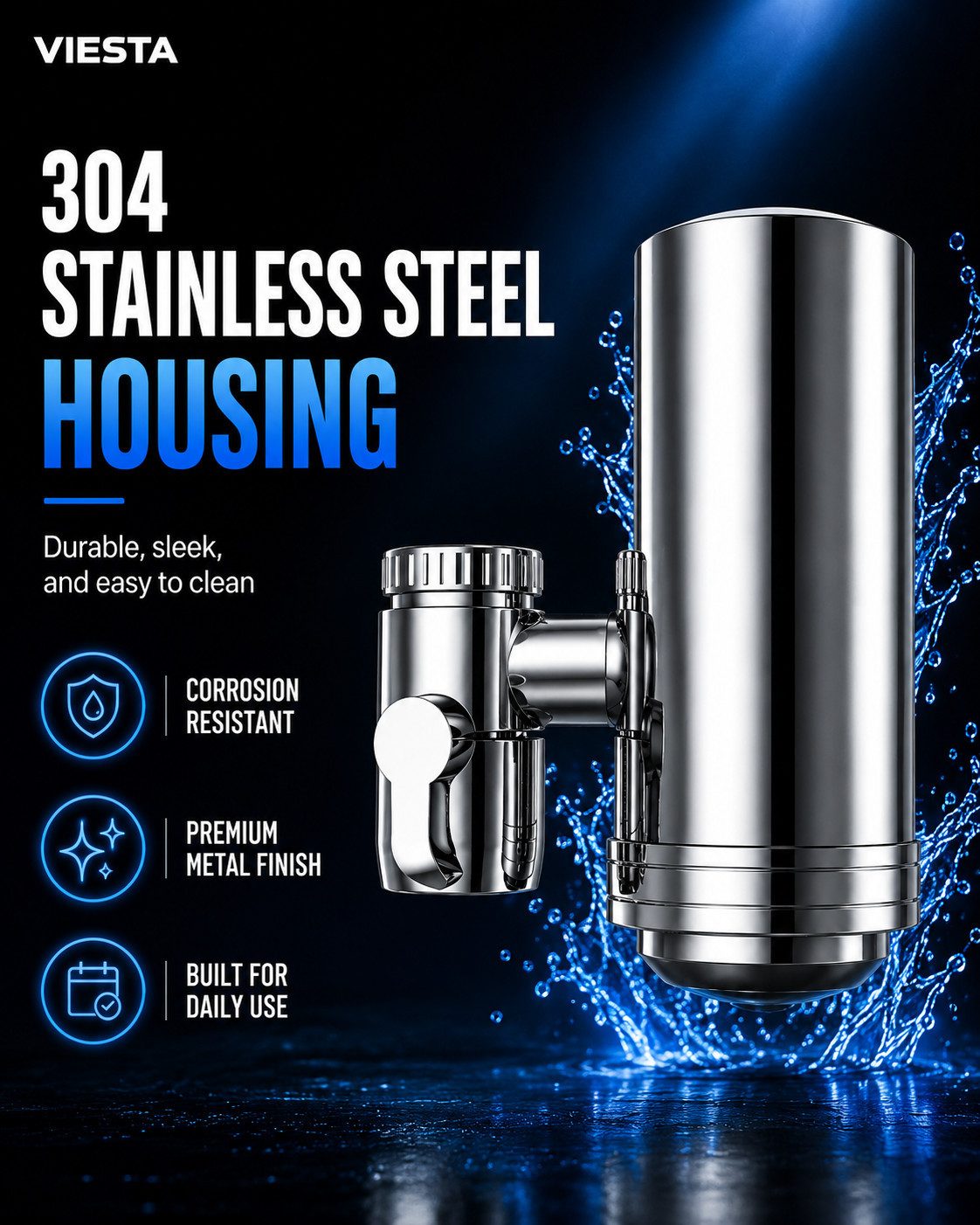 VIESTA Wasserhahn-Wasserfilter WF100 Edelstahl 304 3-fach Keramik + Aktivkohle + UF-Membran 0,01 µm (inkl. 2 WF-F1 für bis zu 2.400 L, mit Umschalter & Adapter, 3,16 L/min), reduziert Sedimente, Partikel, Rost, Chlor, Mikroplastik, werkzeuglos