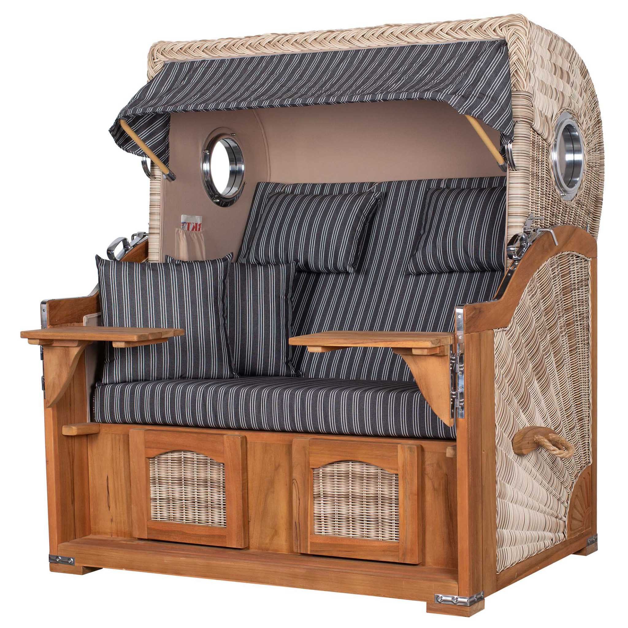 bene living Strandkorb Ammersee Grande XL 2,5-Sitzer Teak - PE shell - Modell 500, BxTxH: 142x95x165 cm, Volllieger, Ostsee-Strandkorb, (Strandkorb-Komplettset, 5-tlg., Strandkorb inkl. Liftersystem und umfangreichem Zubehör), mit Windschutzfolie, Bistrotischen und bequemer Polsterung