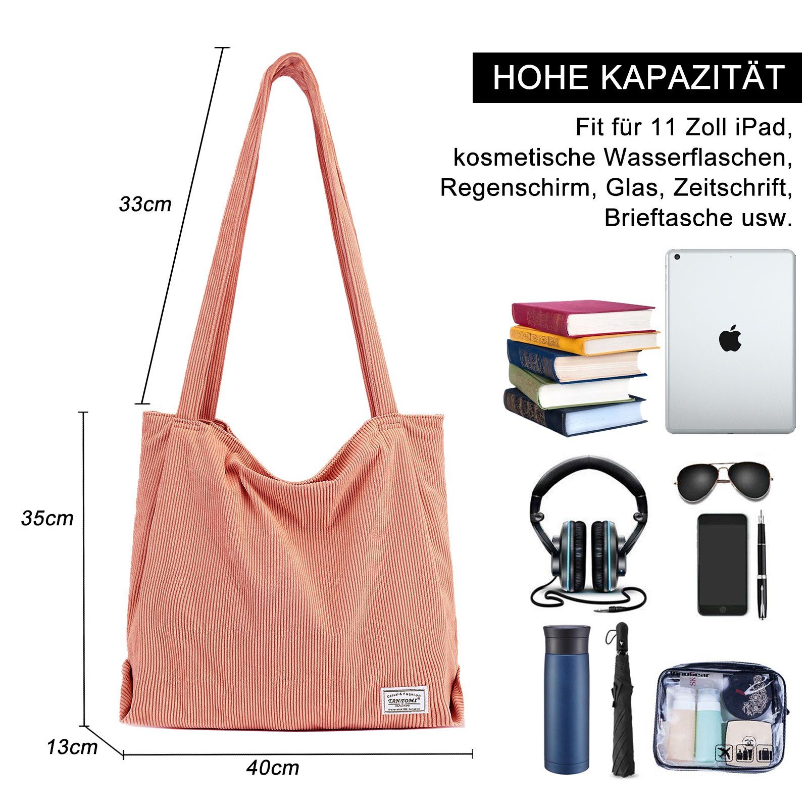 Handtasche, Tasche Damen, Damenhandtasche, Altrosa TAN.TOMI Cordtasche Henkeltasche mit Reißverschluss-Einkaufstasche