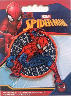 MARVEL Aufnäher Bügelbild, Aufbügler, Applikationen, Patches, Flicken, zum aufbügeln, Polyester, Spiderman Comic Netz sitzt - Größe: 6,3 x 6,5 cm