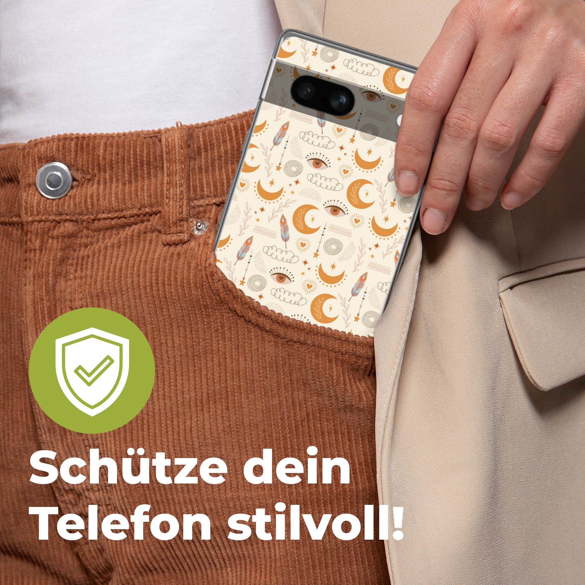 MuchoWow Handyhülle für Google Pixel 7a Boho - Druck - Augen - Mond - Federn - Beige, Handy Case, Silikon, Bumper Case Dünn
